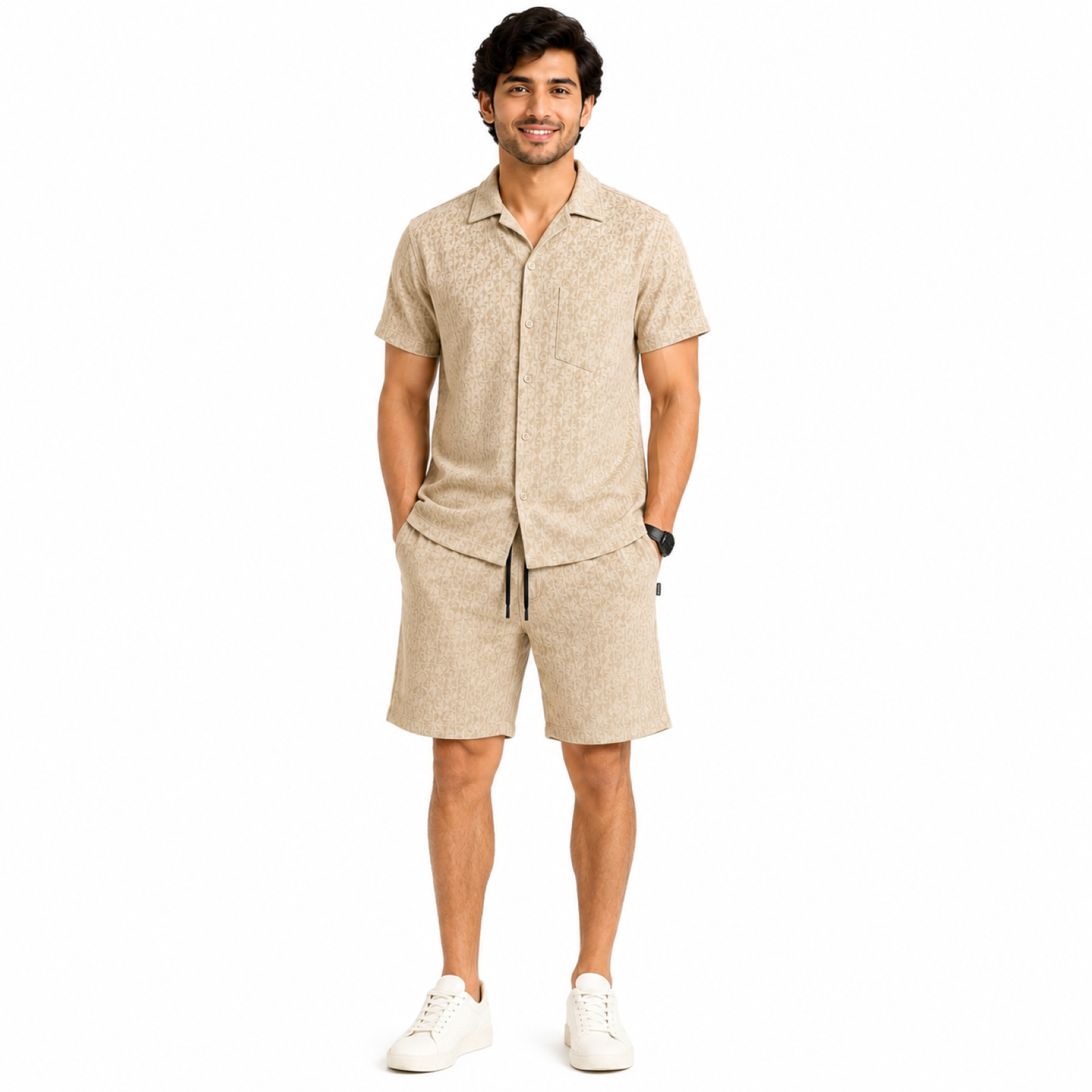 Men's Beige Monogram Textured Cuban Collar Shirt and Shorts Co-ord Set