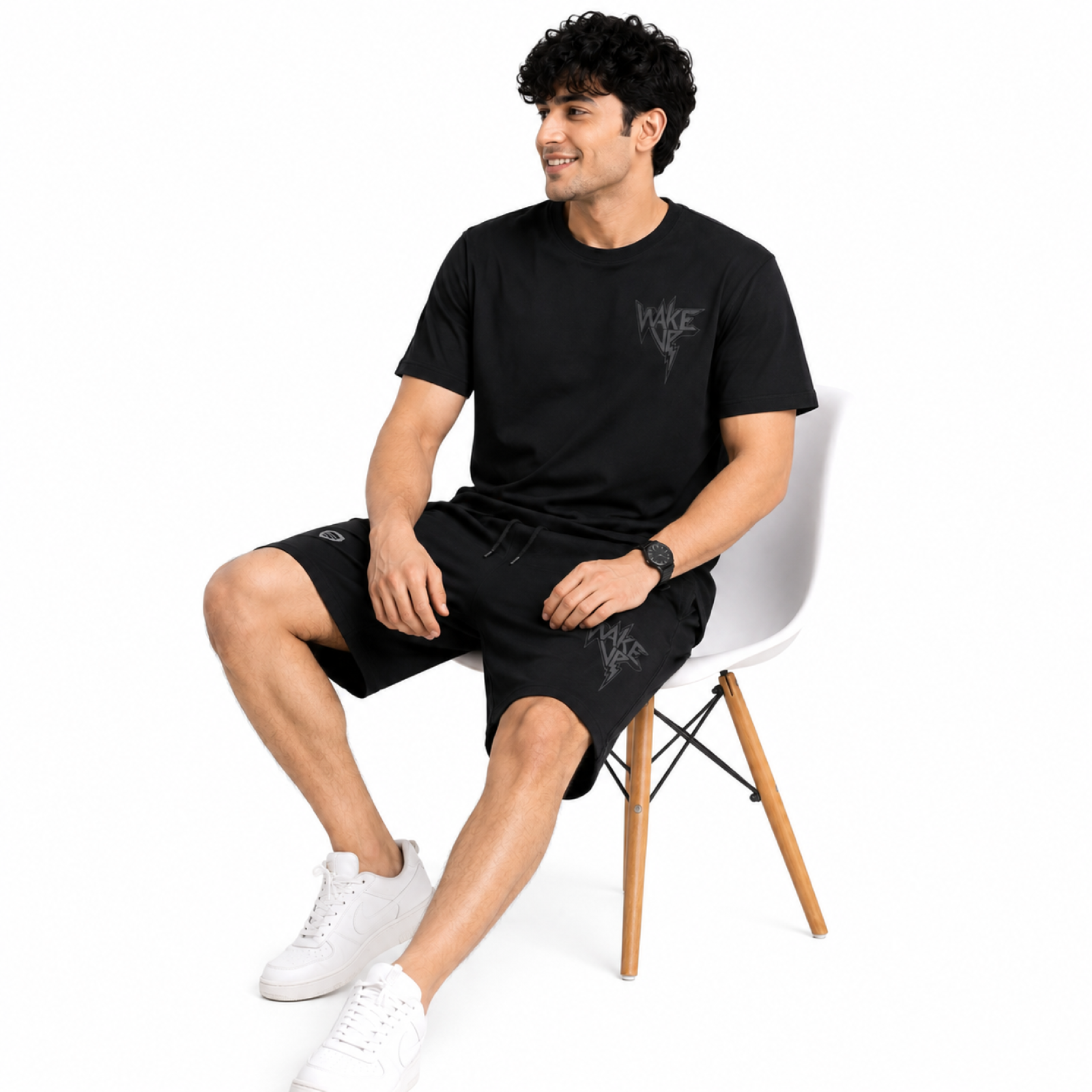 Men's Jet Black Lightning Graphic T-Shirt and Shorts Co-Ord Set