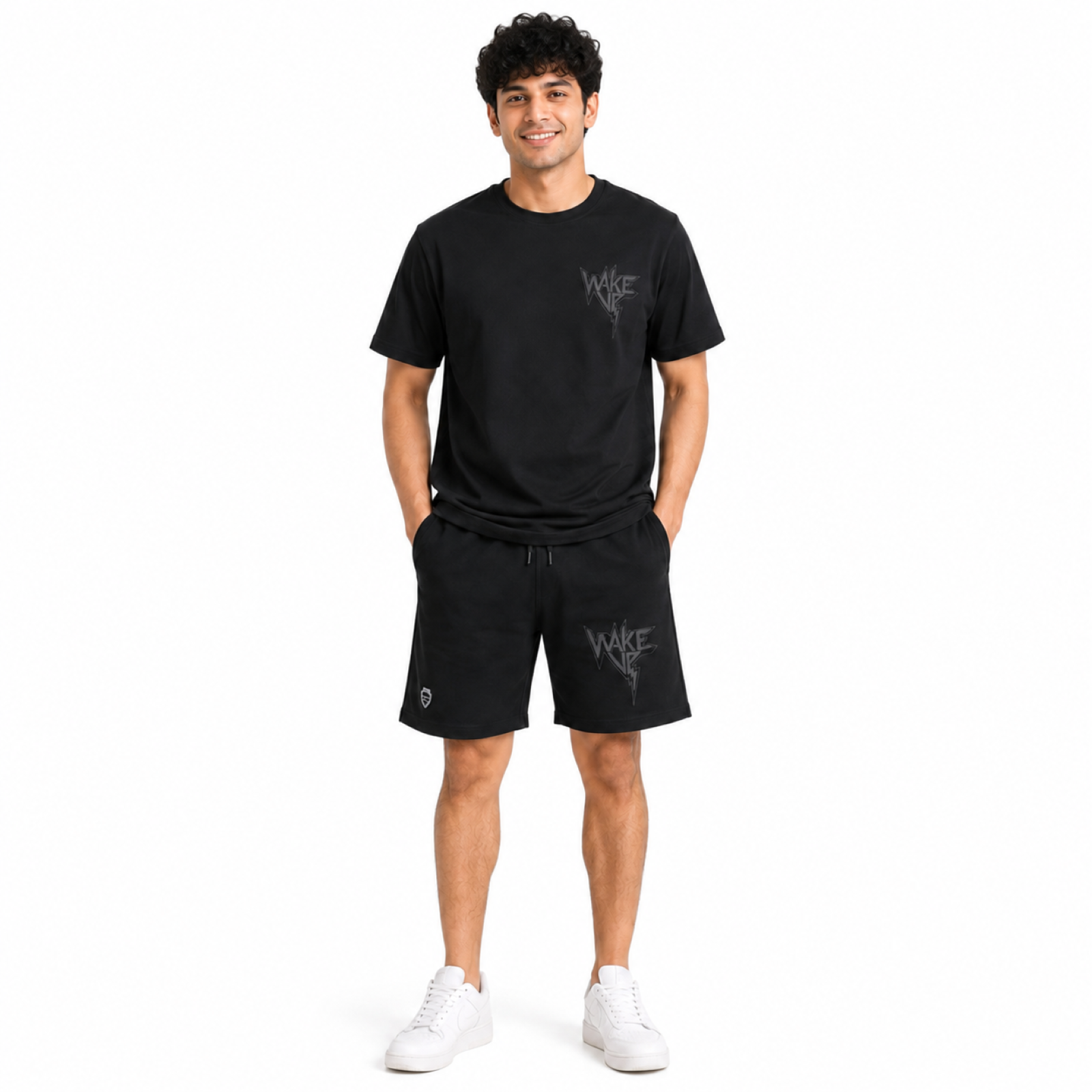 Men's Jet Black Lightning Graphic T-Shirt and Shorts Co-Ord Set
