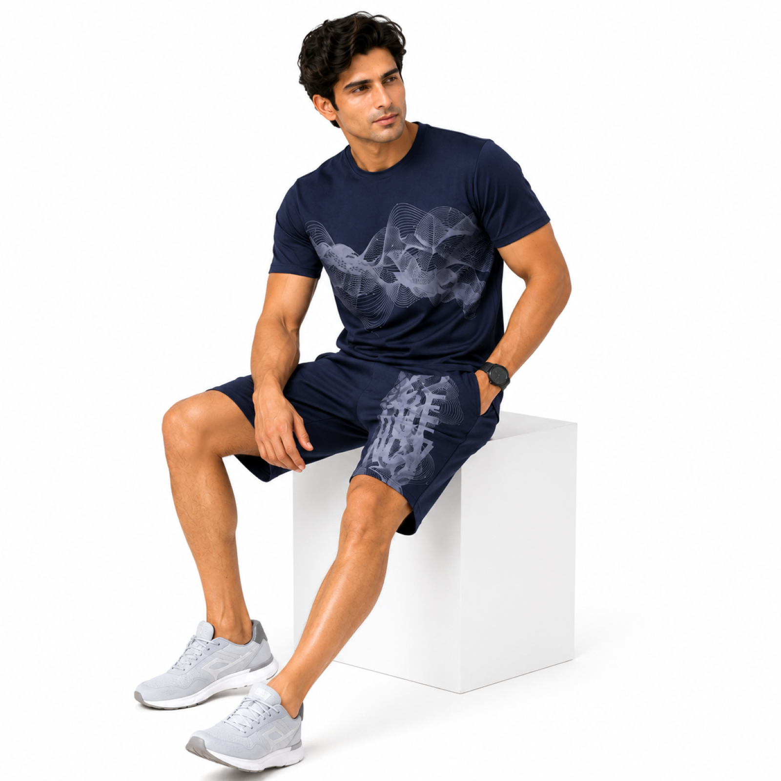 Men's Navy Blue Abstract Wave Graphic Performance T-Shirt and Shorts Co-ord Set