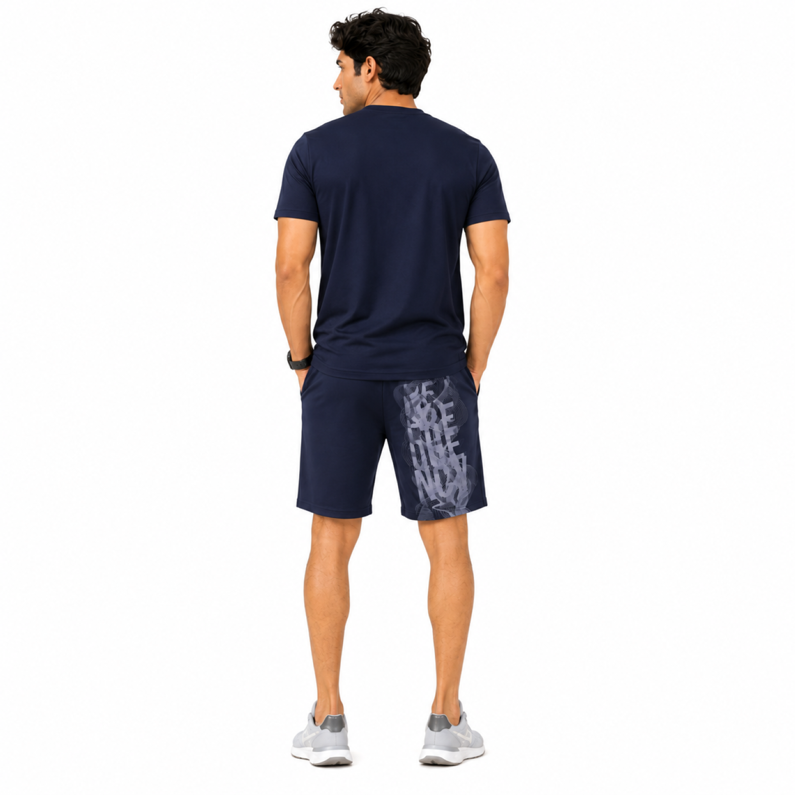 Men's Navy Blue Abstract Wave Graphic Performance T-Shirt and Shorts Co-ord Set