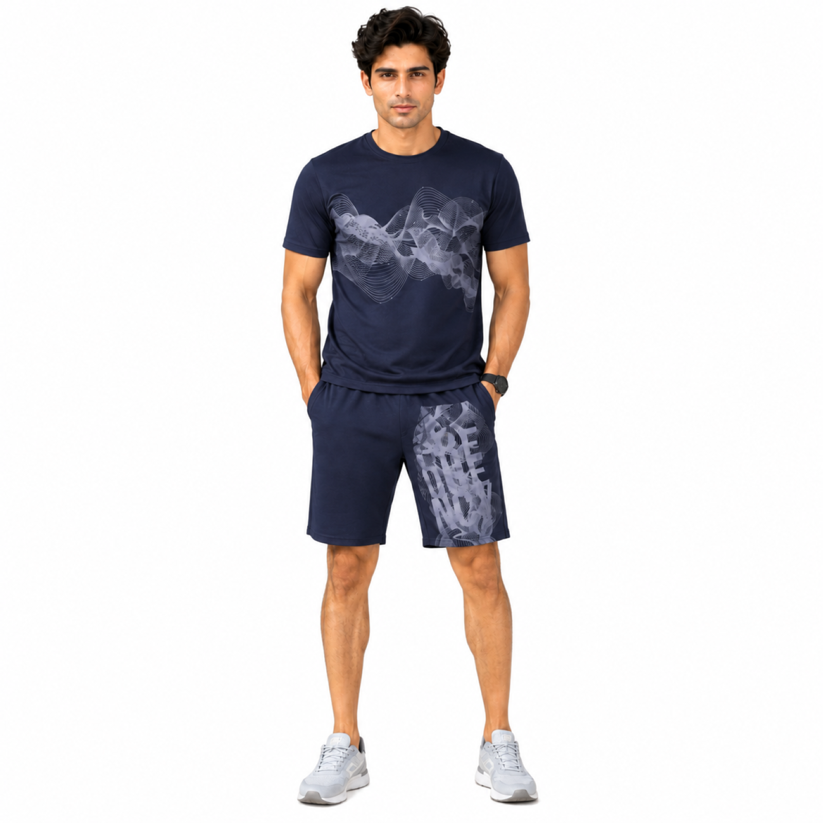 Men's Navy Blue Abstract Wave Graphic Performance T-Shirt and Shorts Co-ord Set