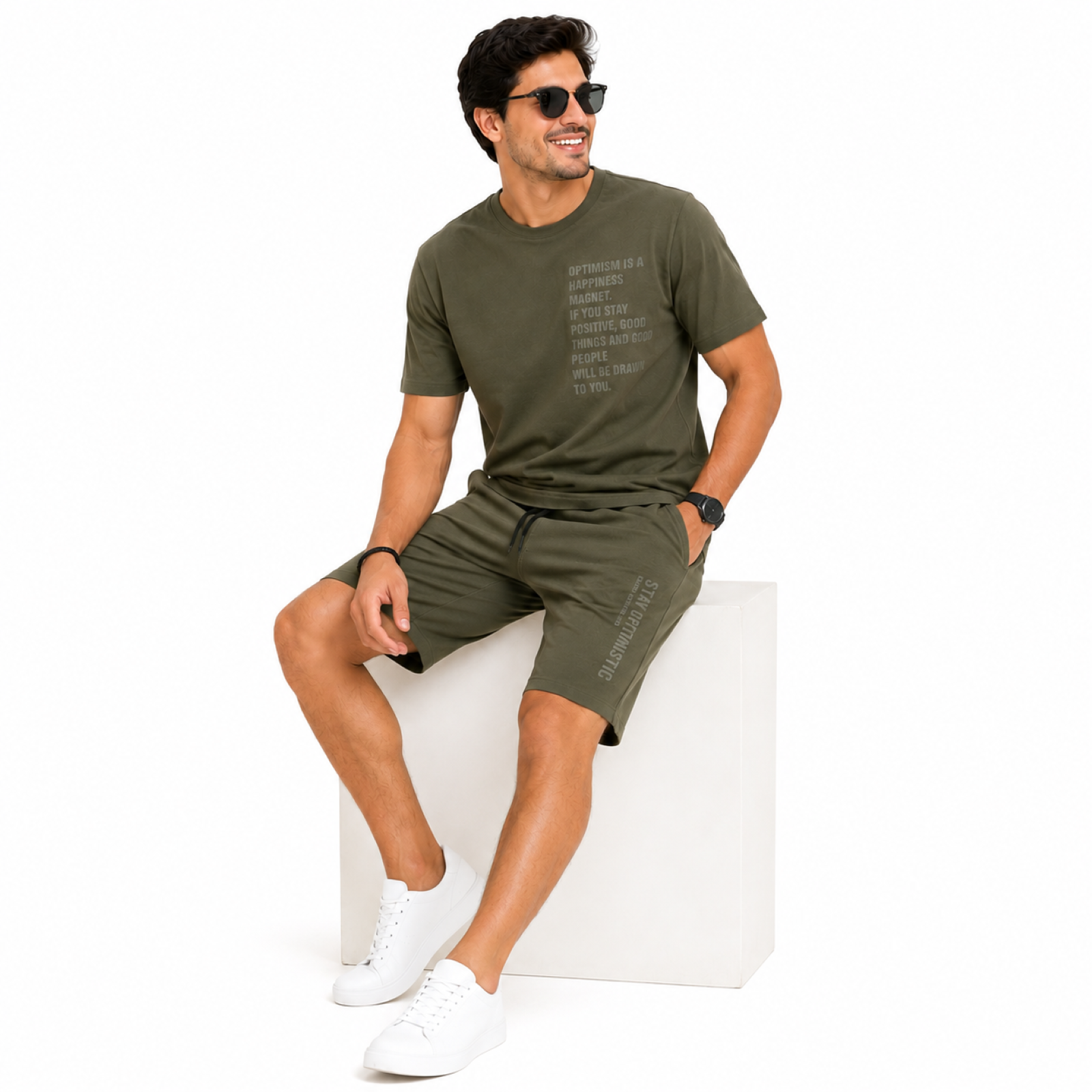 Men's Olive Green Typography Co-ord T-Shirt & Shorts Set