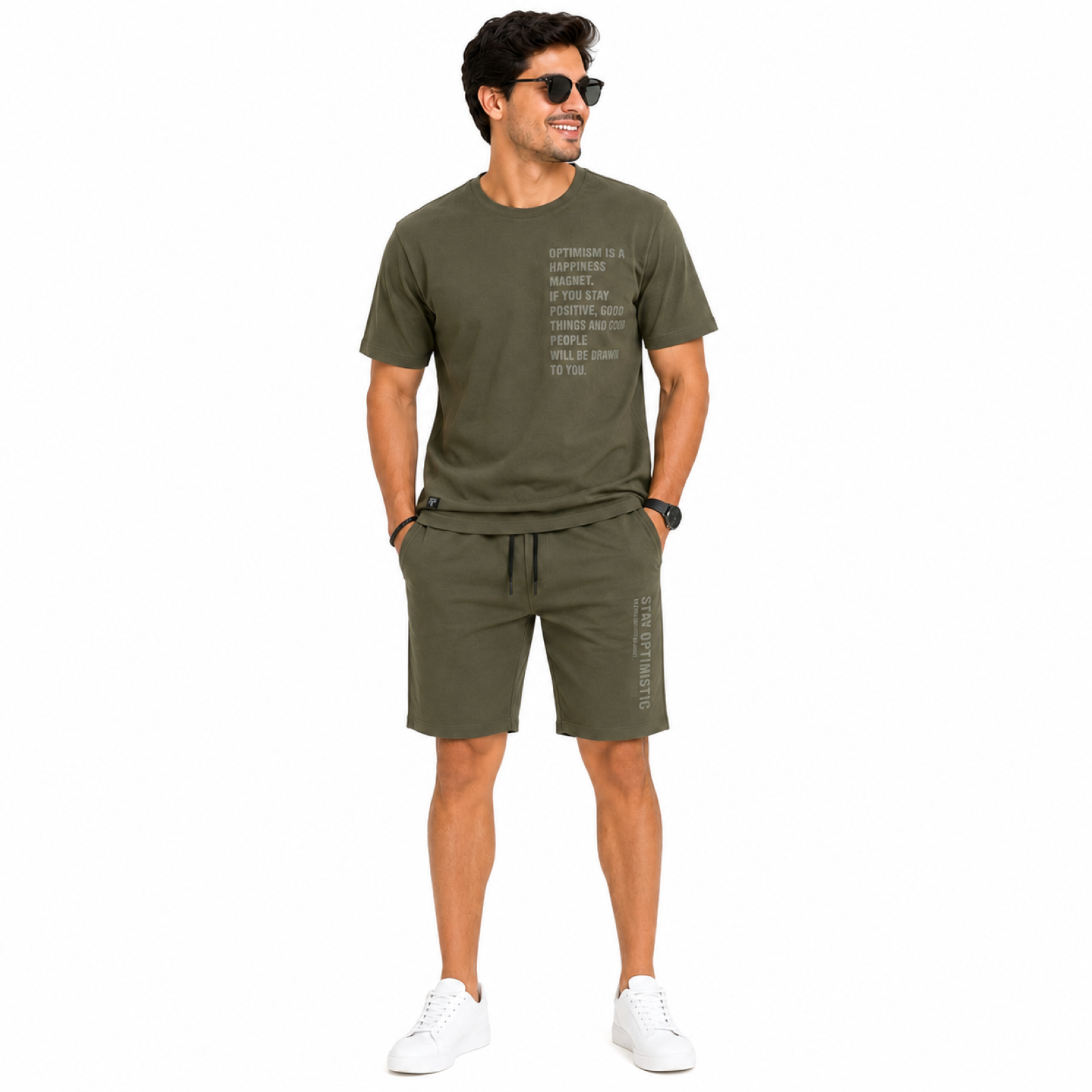 Men's Olive Green Typography Co-ord T-Shirt & Shorts Set