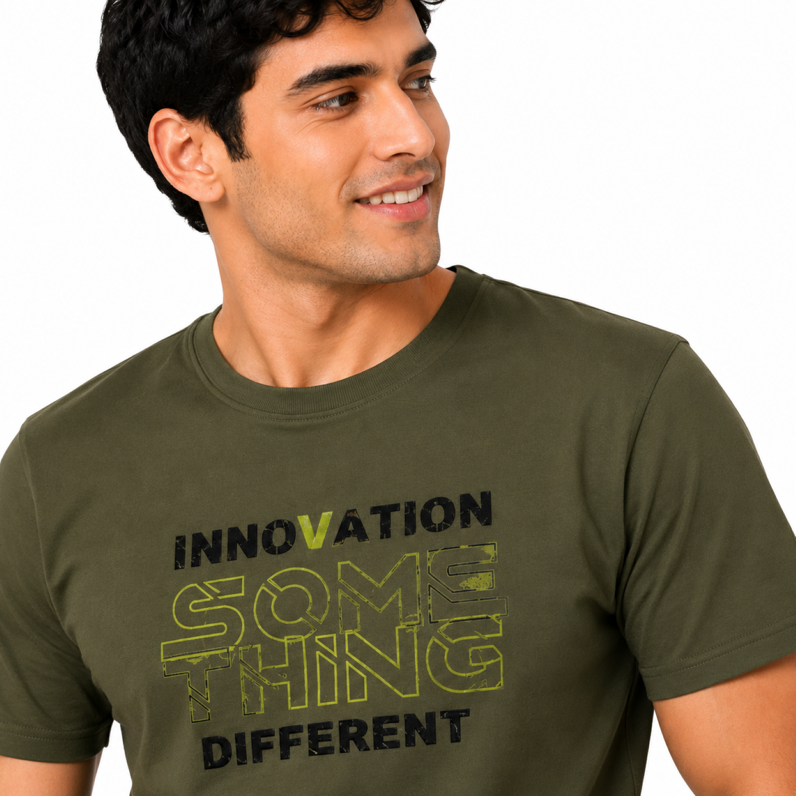Men's Olive Green Typography Printed T-Shirt