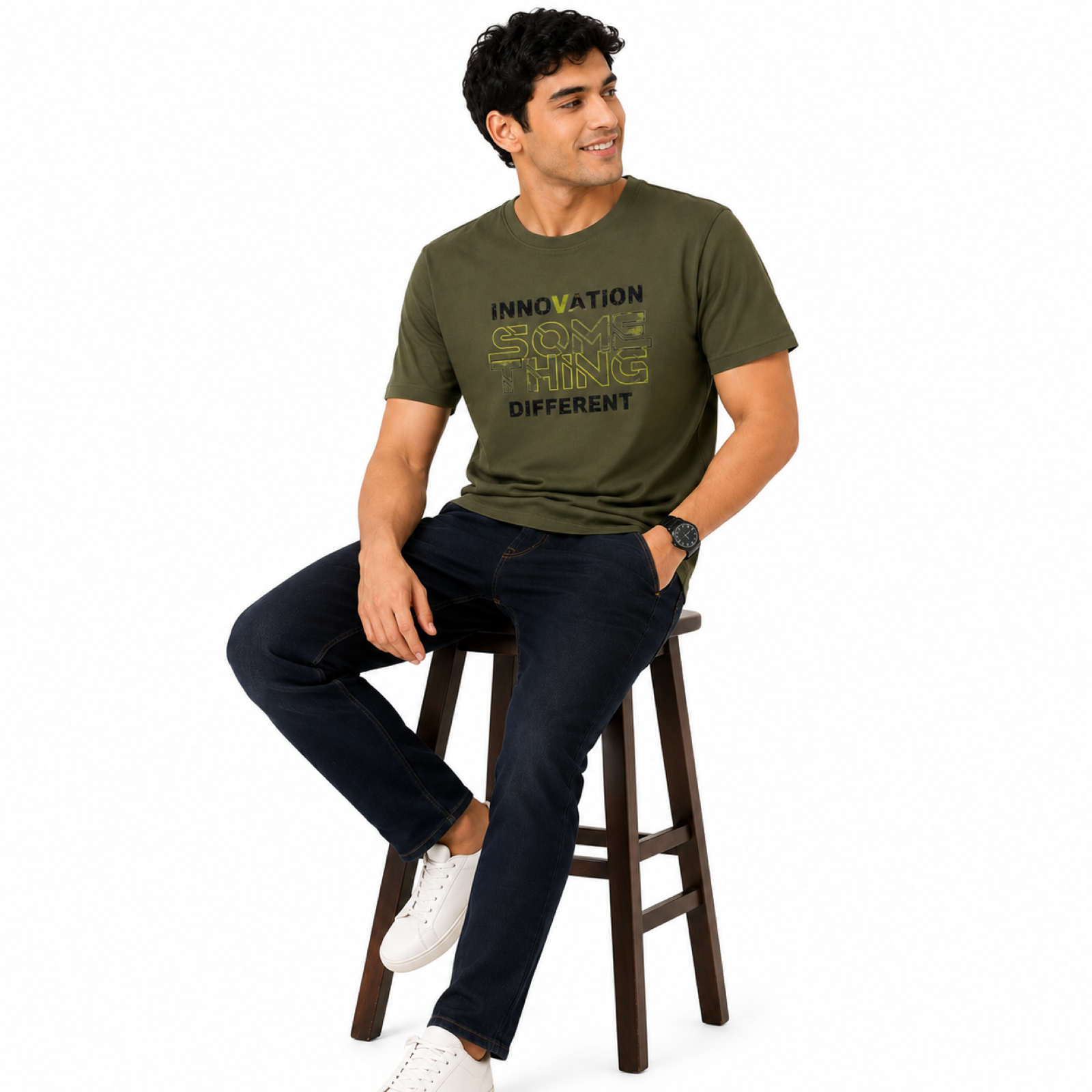 Men's Olive Green Typography Printed T-Shirt