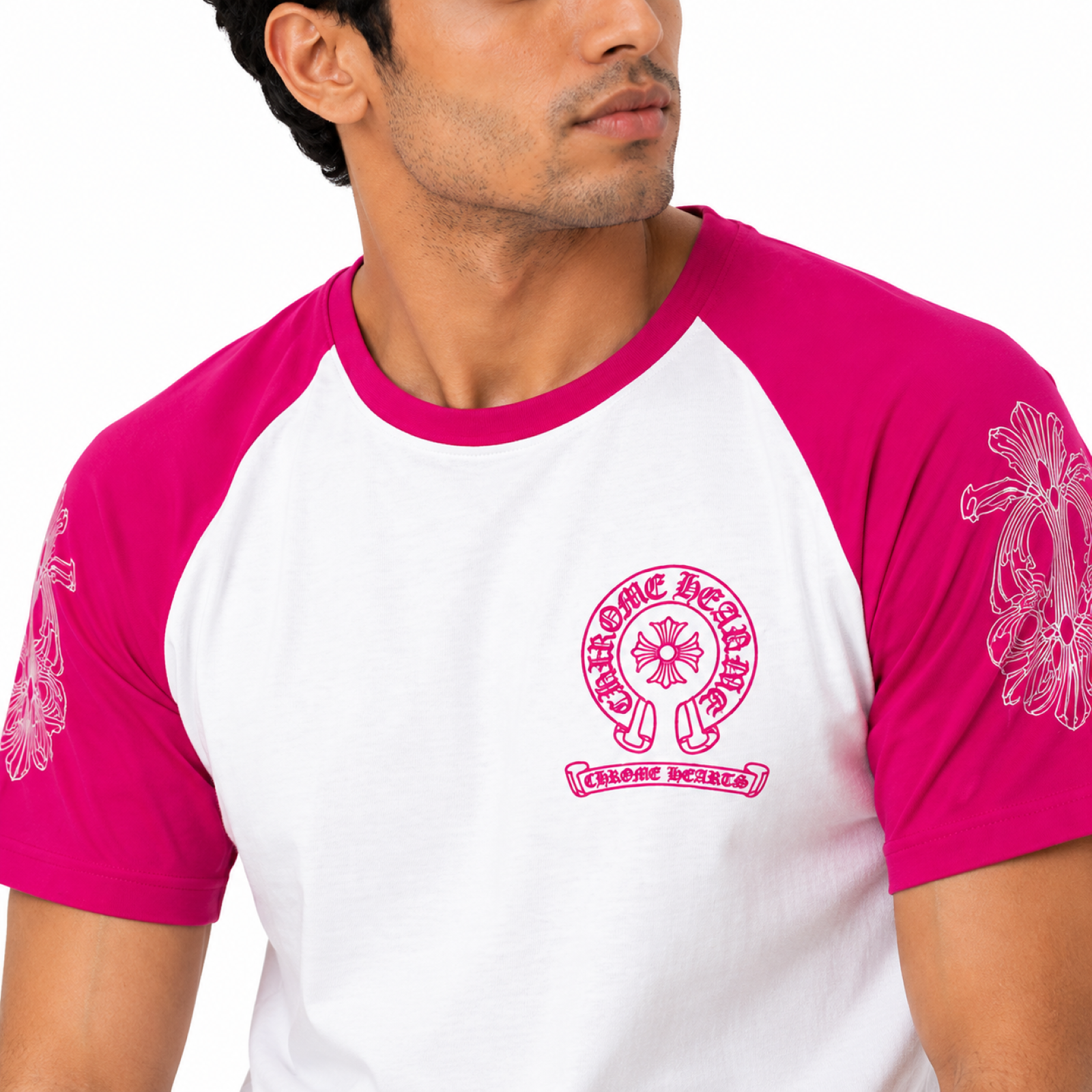 Men's Neon Pink Raglan Graphic Casual T-Shirt