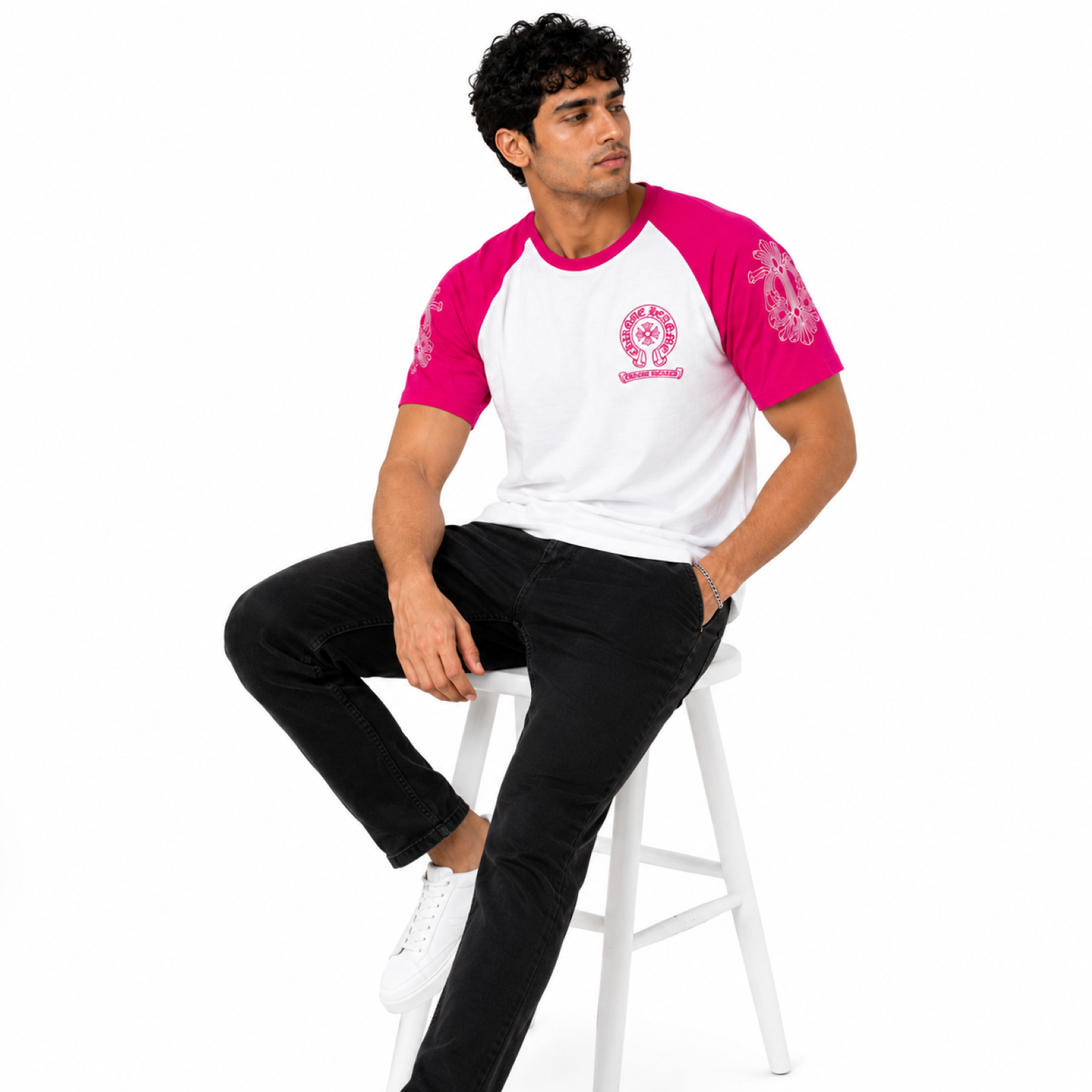 Men's Neon Pink Raglan Graphic Casual T-Shirt