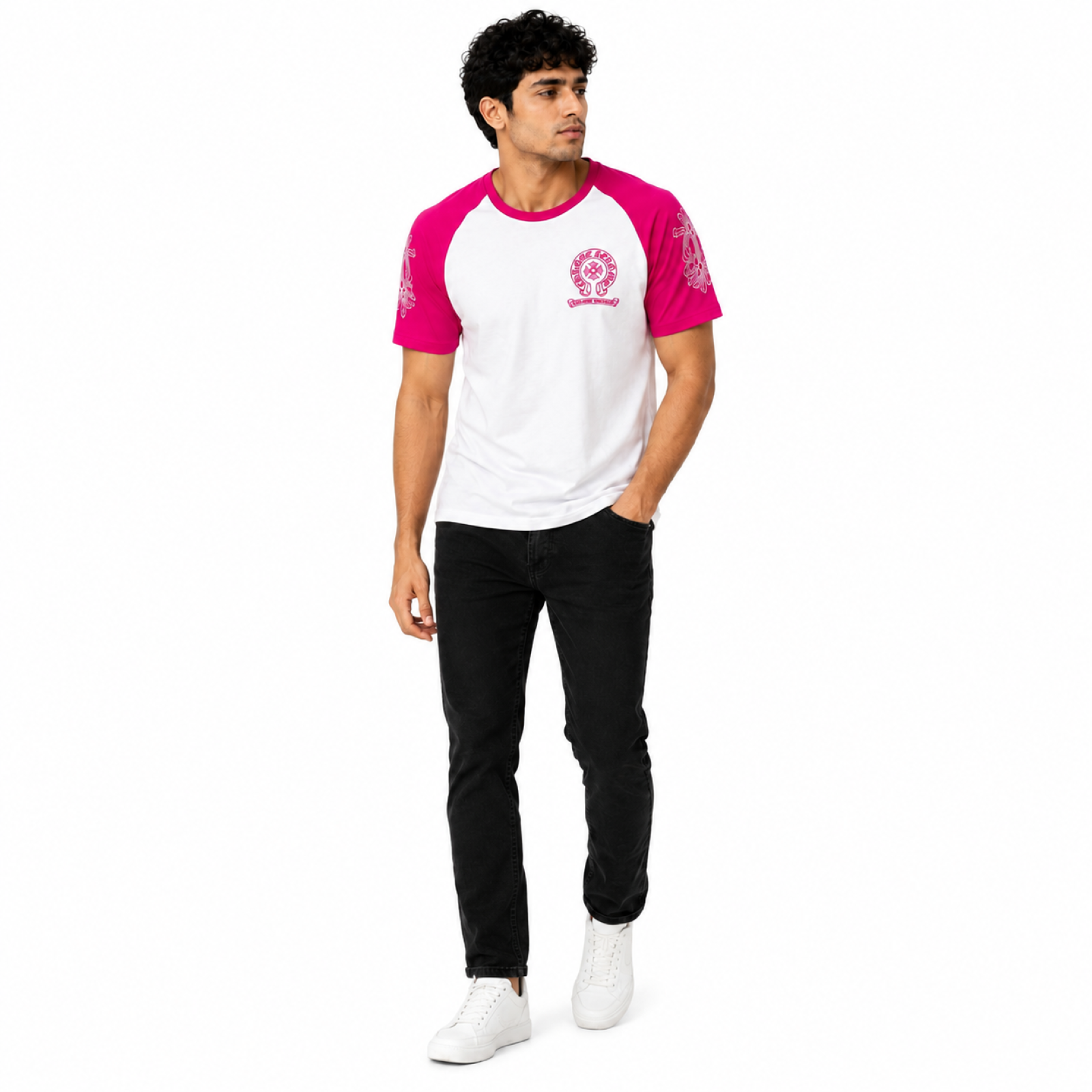 Men's Neon Pink Raglan Graphic Casual T-Shirt