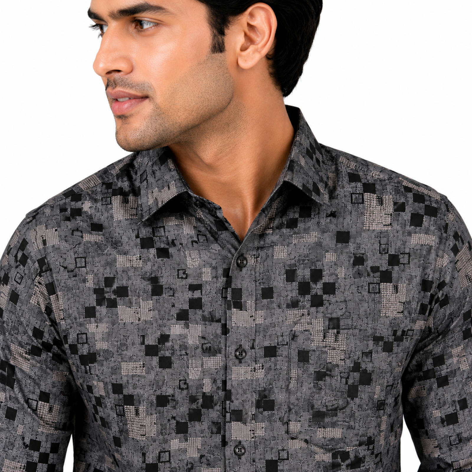Men's Urban Pixel Grid Printed Grey Casual Shirt