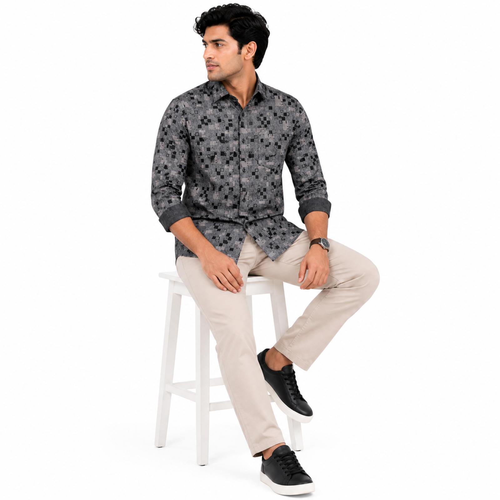 Men's Urban Pixel Grid Printed Grey Casual Shirt
