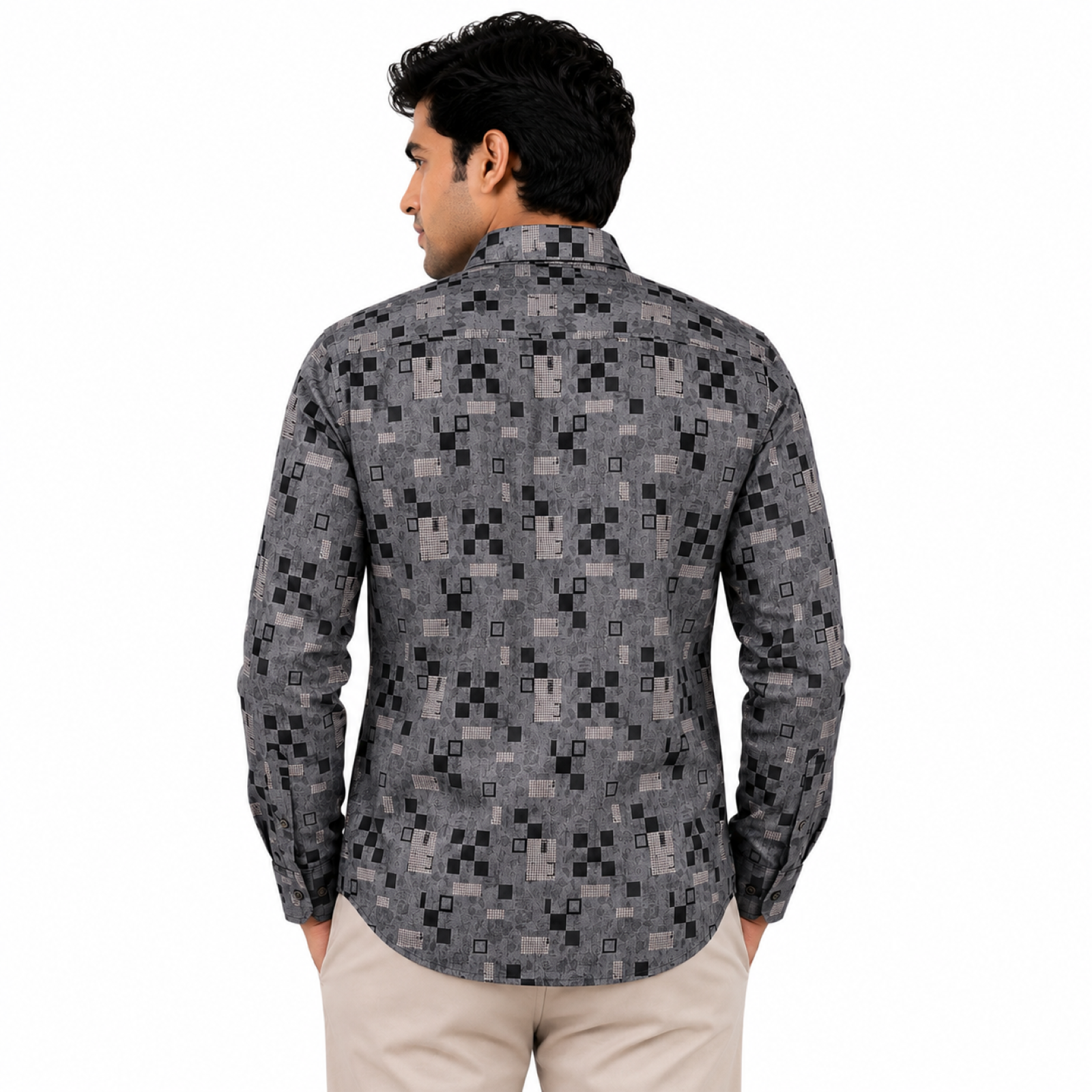 Men's Urban Pixel Grid Printed Grey Casual Shirt
