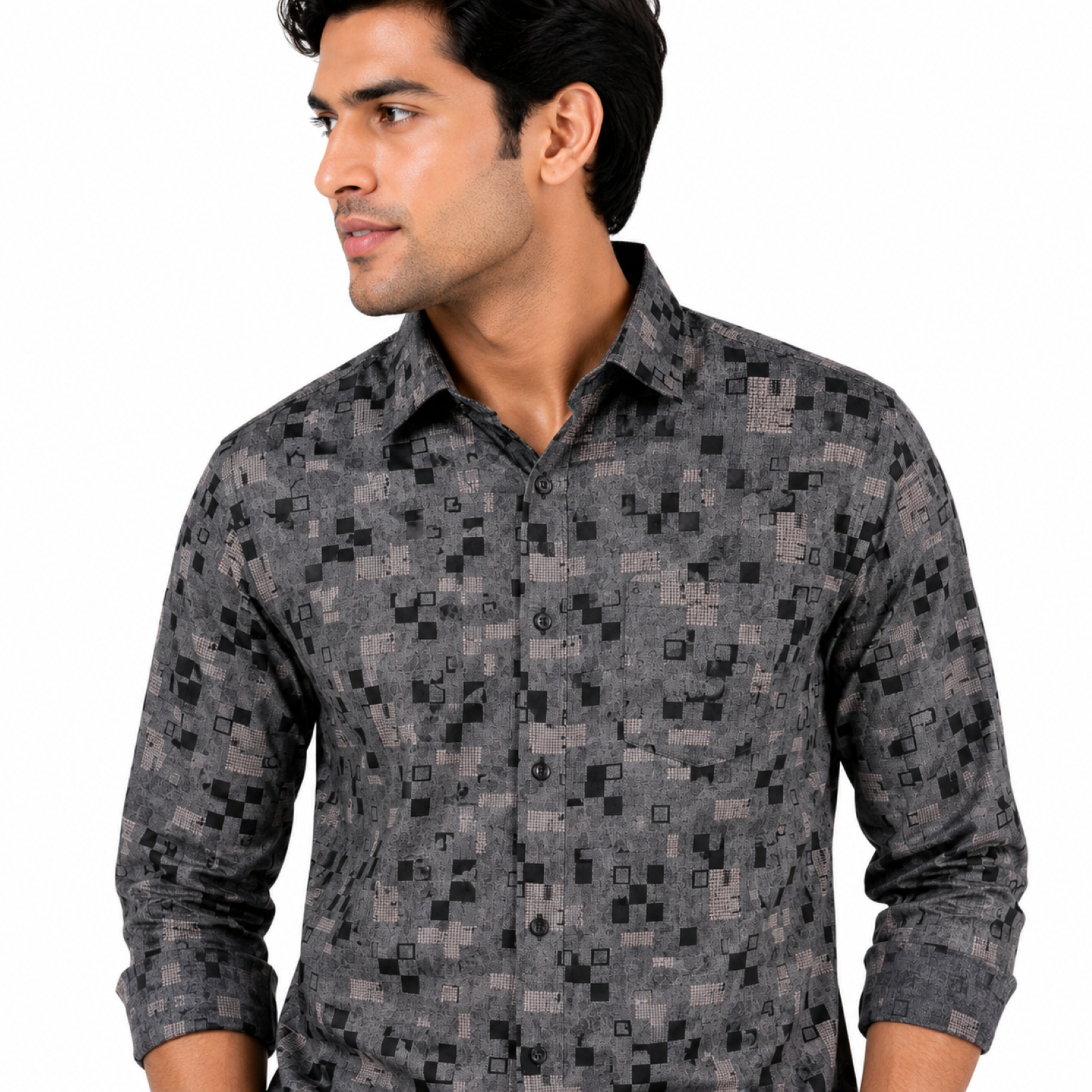 Men's Urban Pixel Grid Printed Grey Casual Shirt