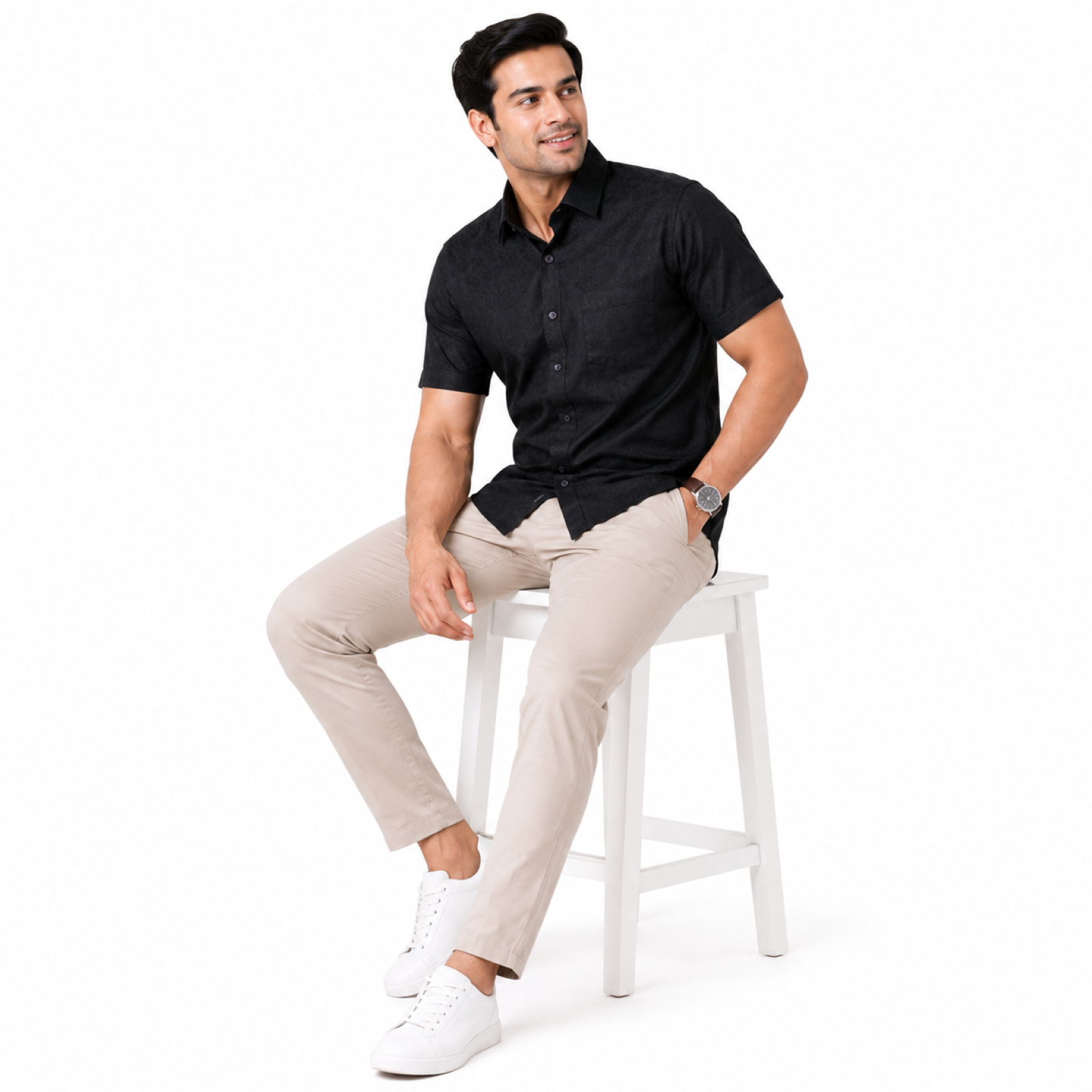 Men's Navy Blue Textured Half Sleeve Casual Shirt