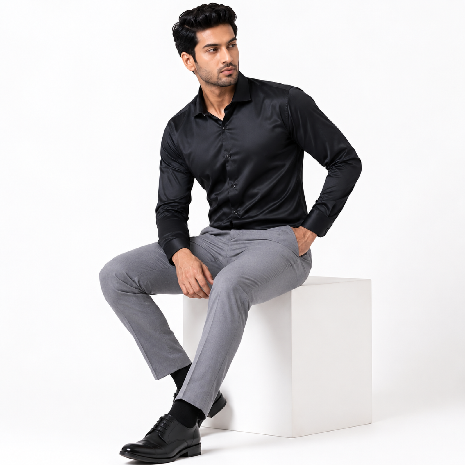 Men's Dark Grey Satin Formal Shirt