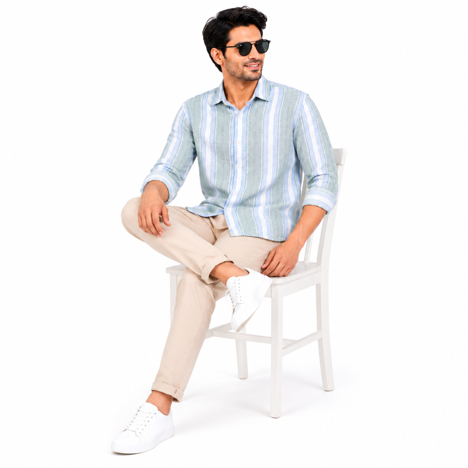 Men's Sky Blue Vertical Striped Casual Shirt