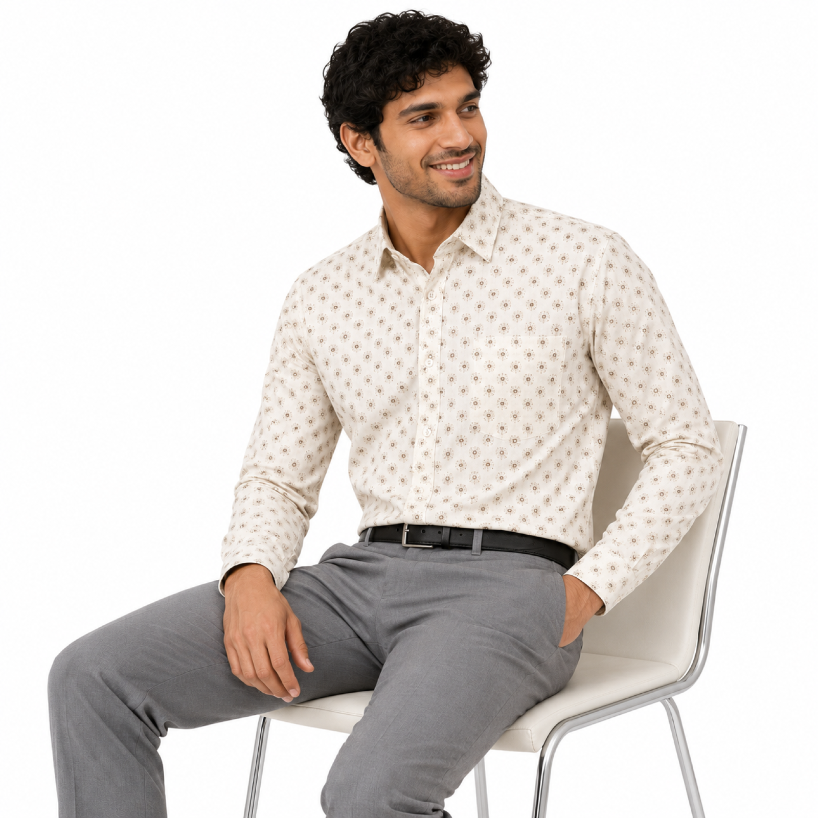 Men's Cream Floral Printed Premium Casual Shirt