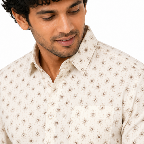 Men's Cream Floral Printed Premium Casual Shirt