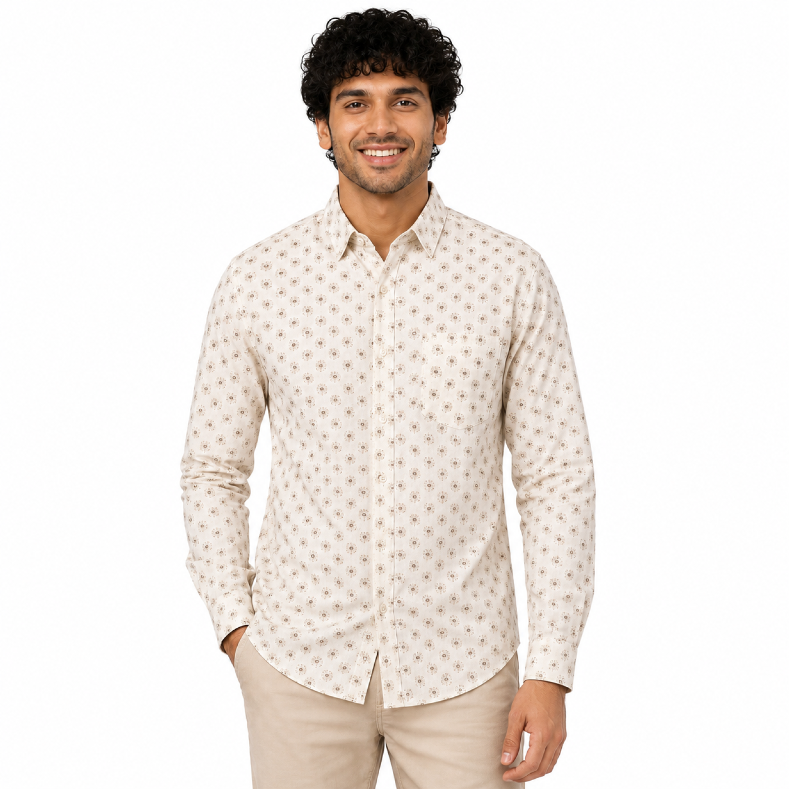 Men's Cream Floral Printed Premium Casual Shirt