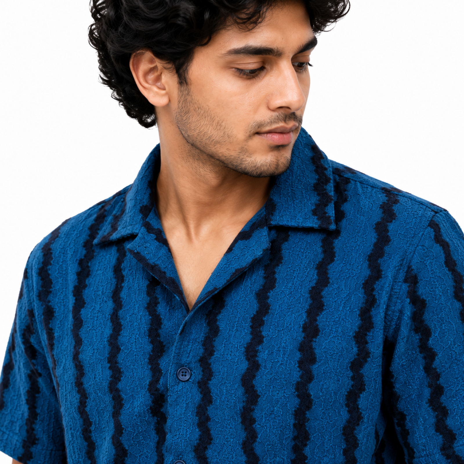 Men's Teal Textured Resort Collar Printed Shirt