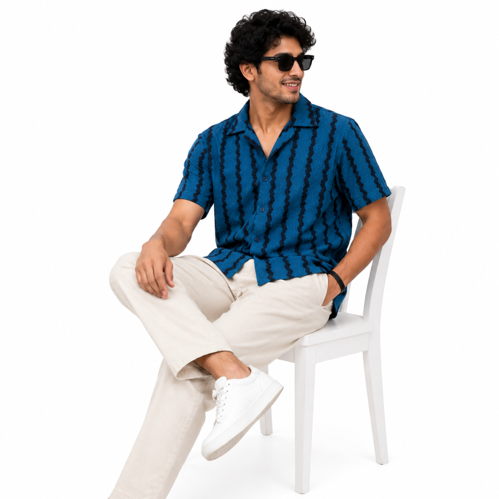Men's Teal Textured Resort Collar Printed Shirt