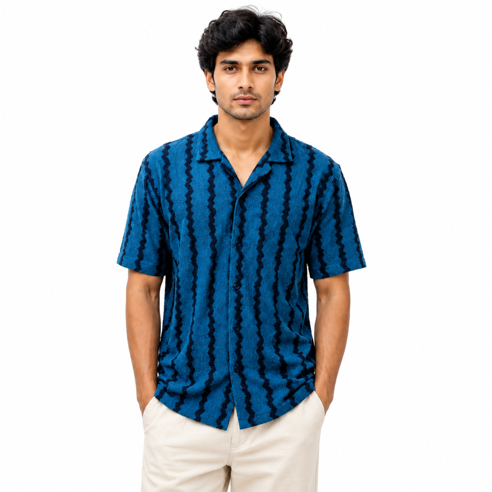 Men's Teal Textured Resort Collar Printed Shirt