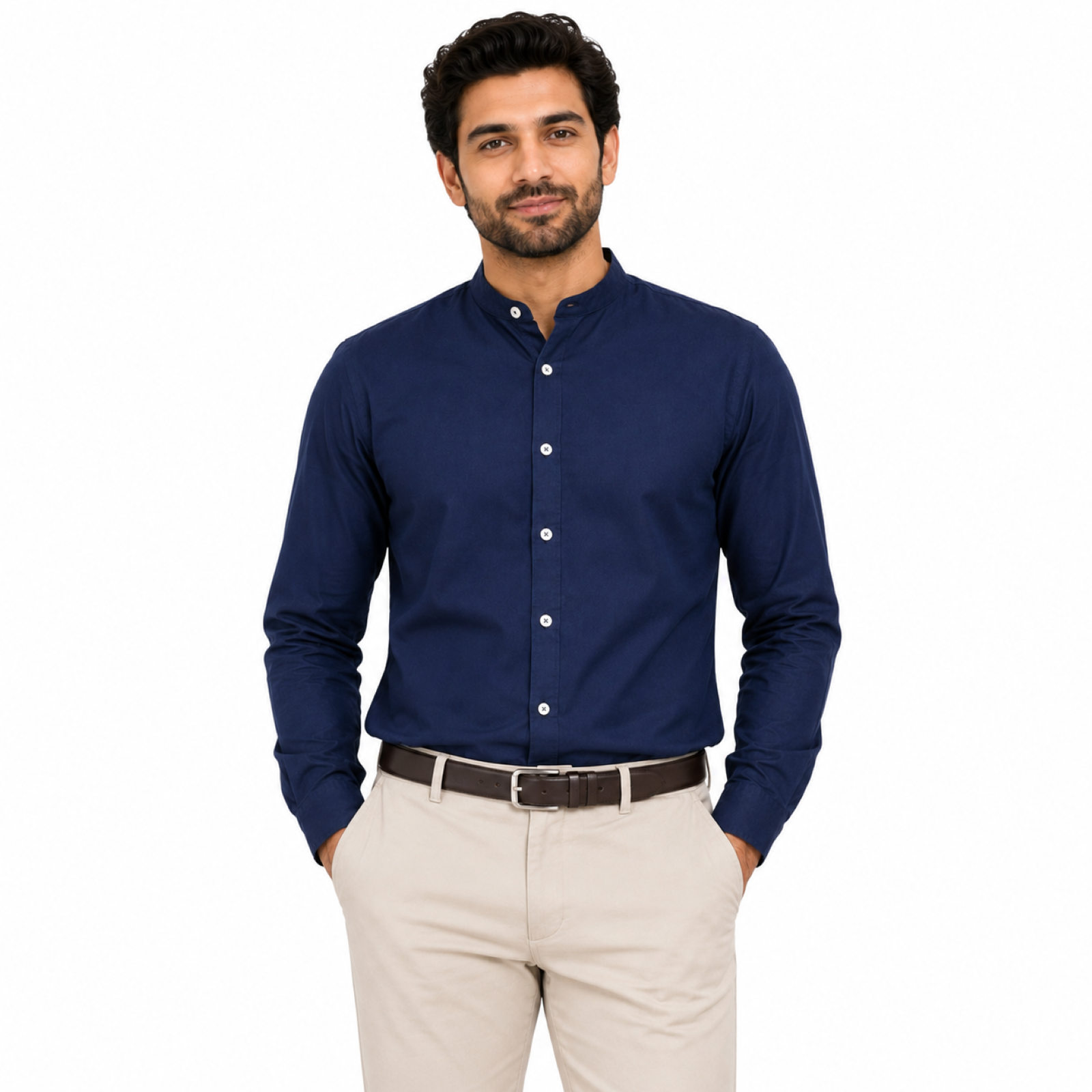 Men's Navy Blue Mandarin Collar Formal Shirt