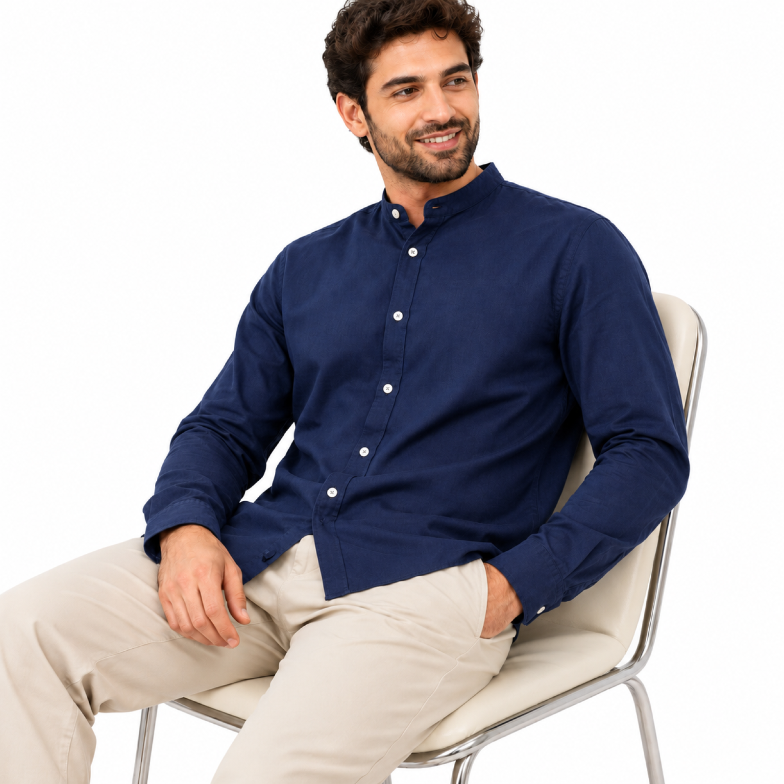 Men's Navy Blue Mandarin Collar Formal Shirt