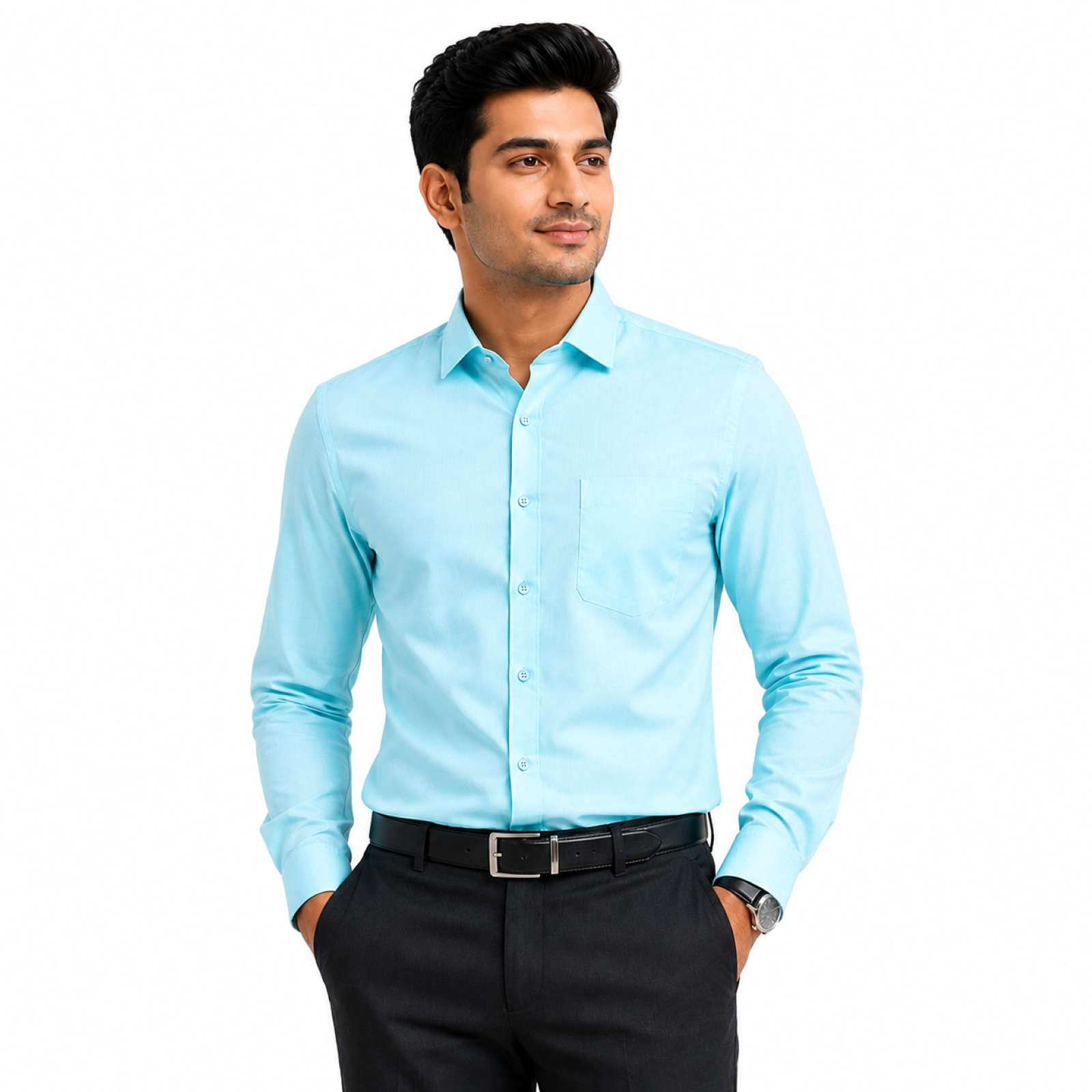Men's Sky Blue Solid Formal Cotton Shirt