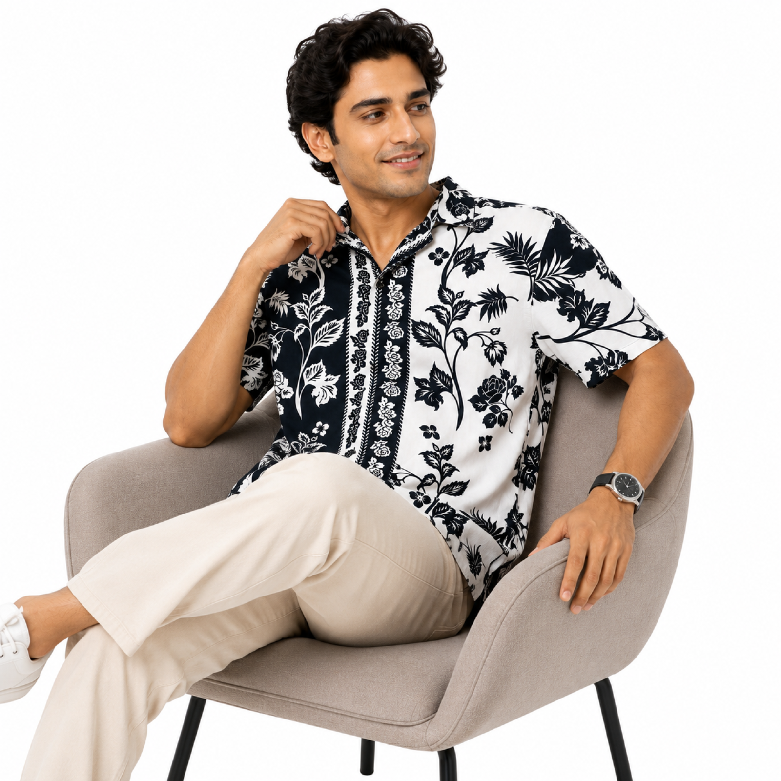 Men's Dark Blue Floral Print Half Sleeve Casual Shirt