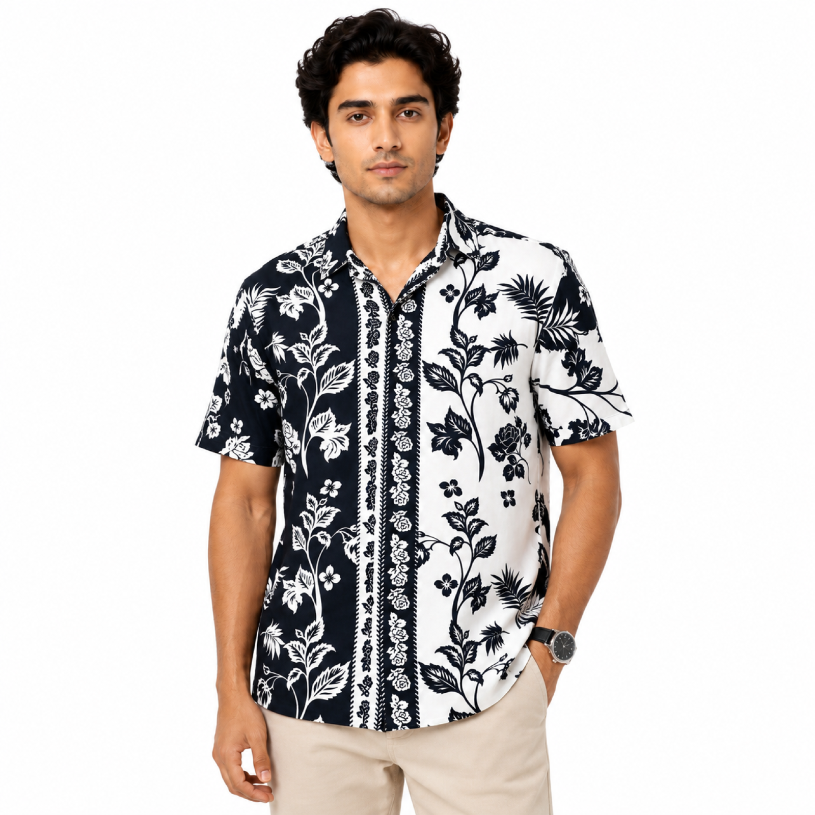 Men's Dark Blue Floral Print Half Sleeve Casual Shirt