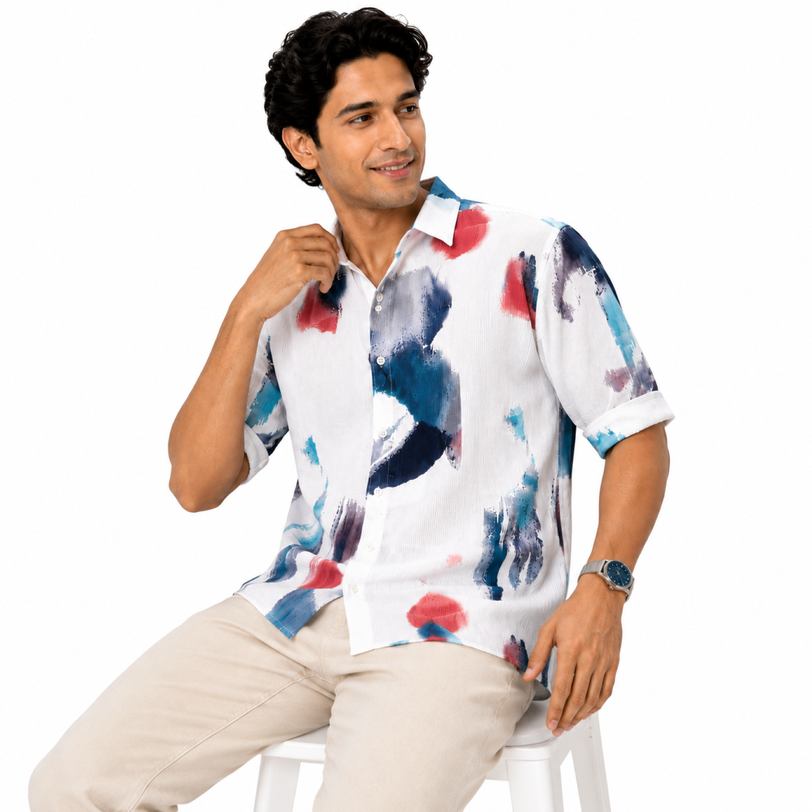 Men's White Abstract Print Half Sleeve Casual Shirt