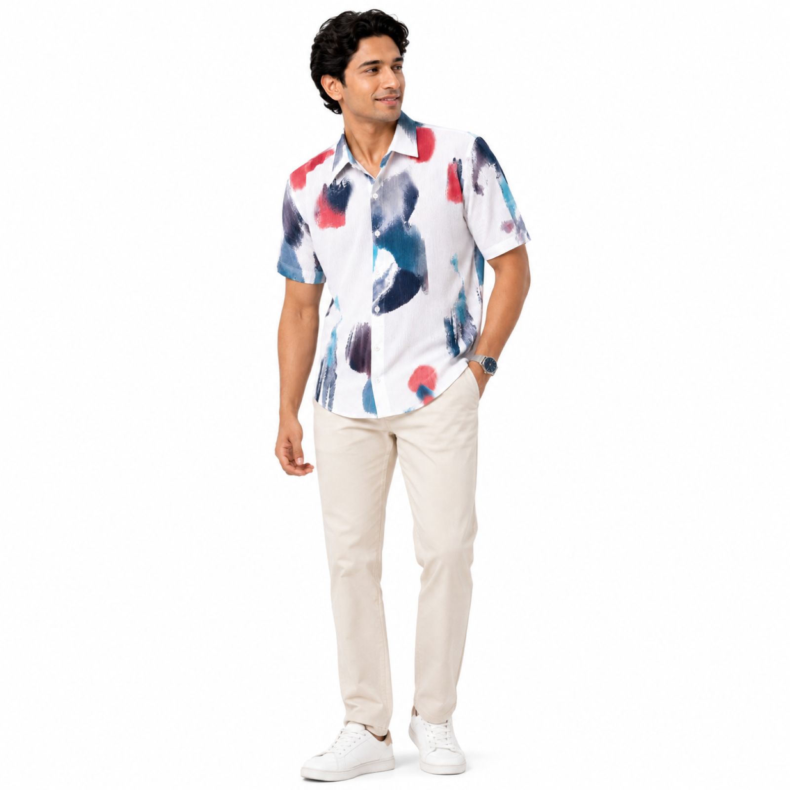 Men's White Abstract Print Half Sleeve Casual Shirt