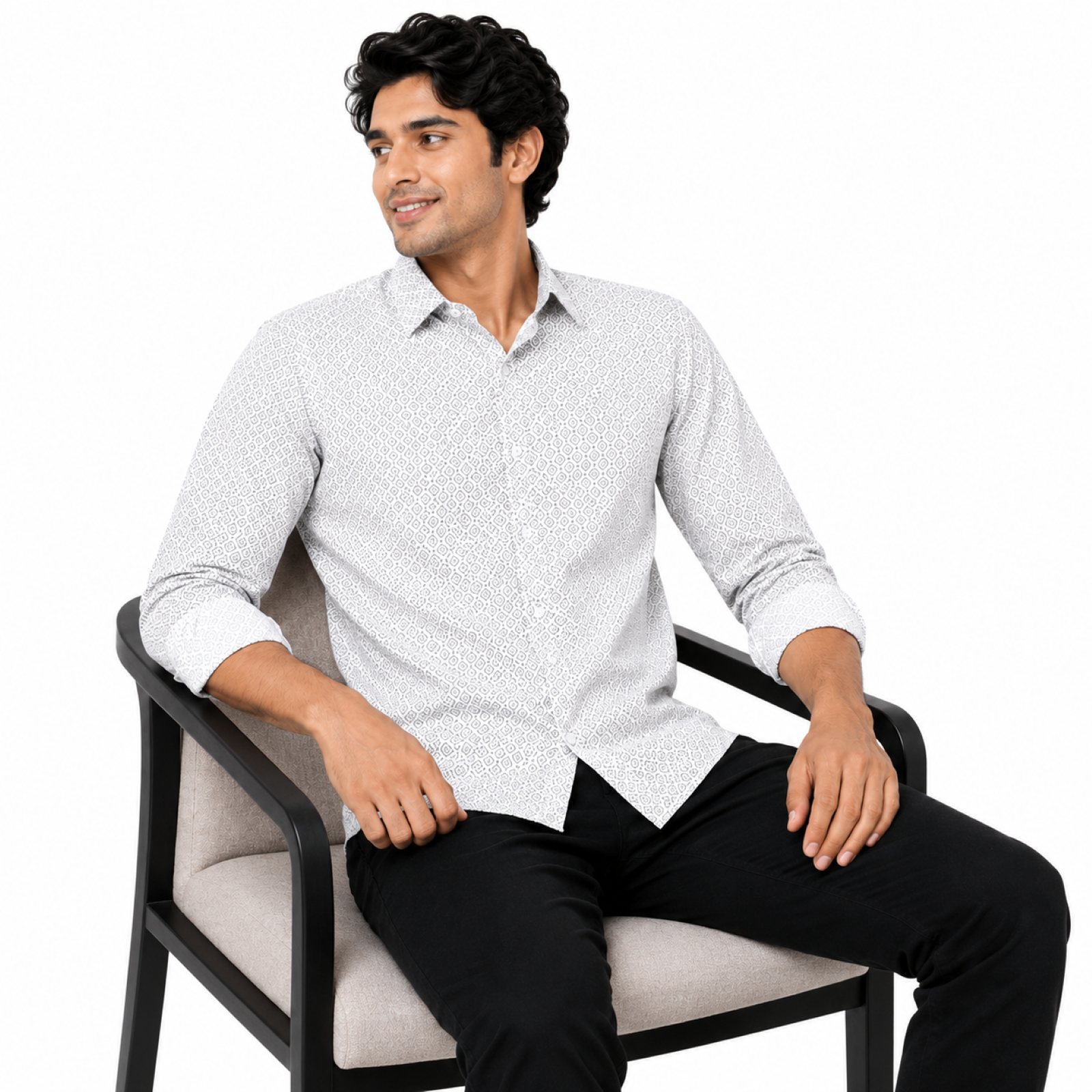 Men's Luxe White Geometric Print Formal Shirt