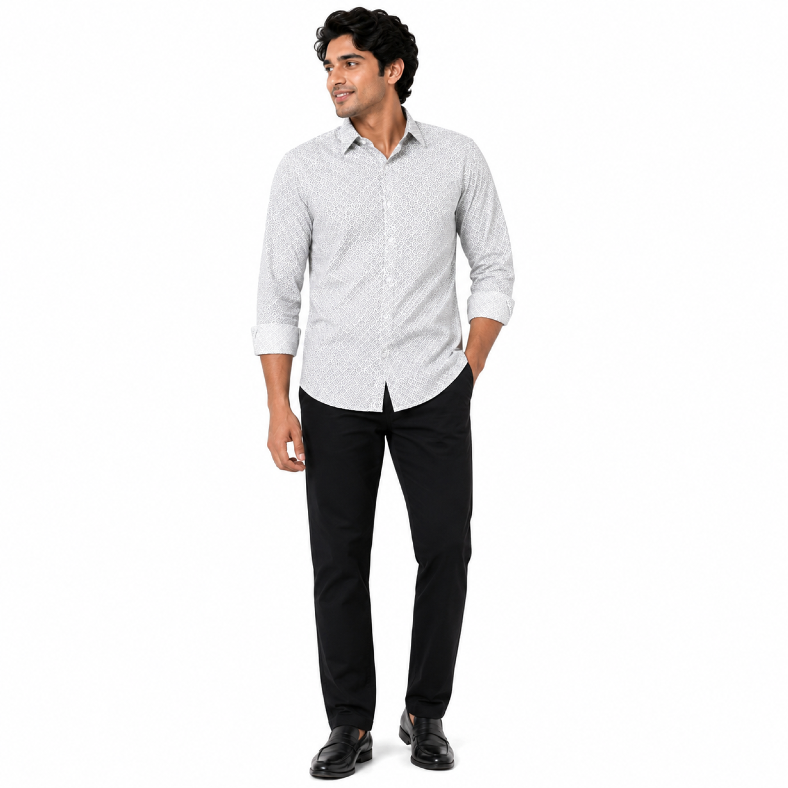 Men's Luxe White Geometric Print Formal Shirt