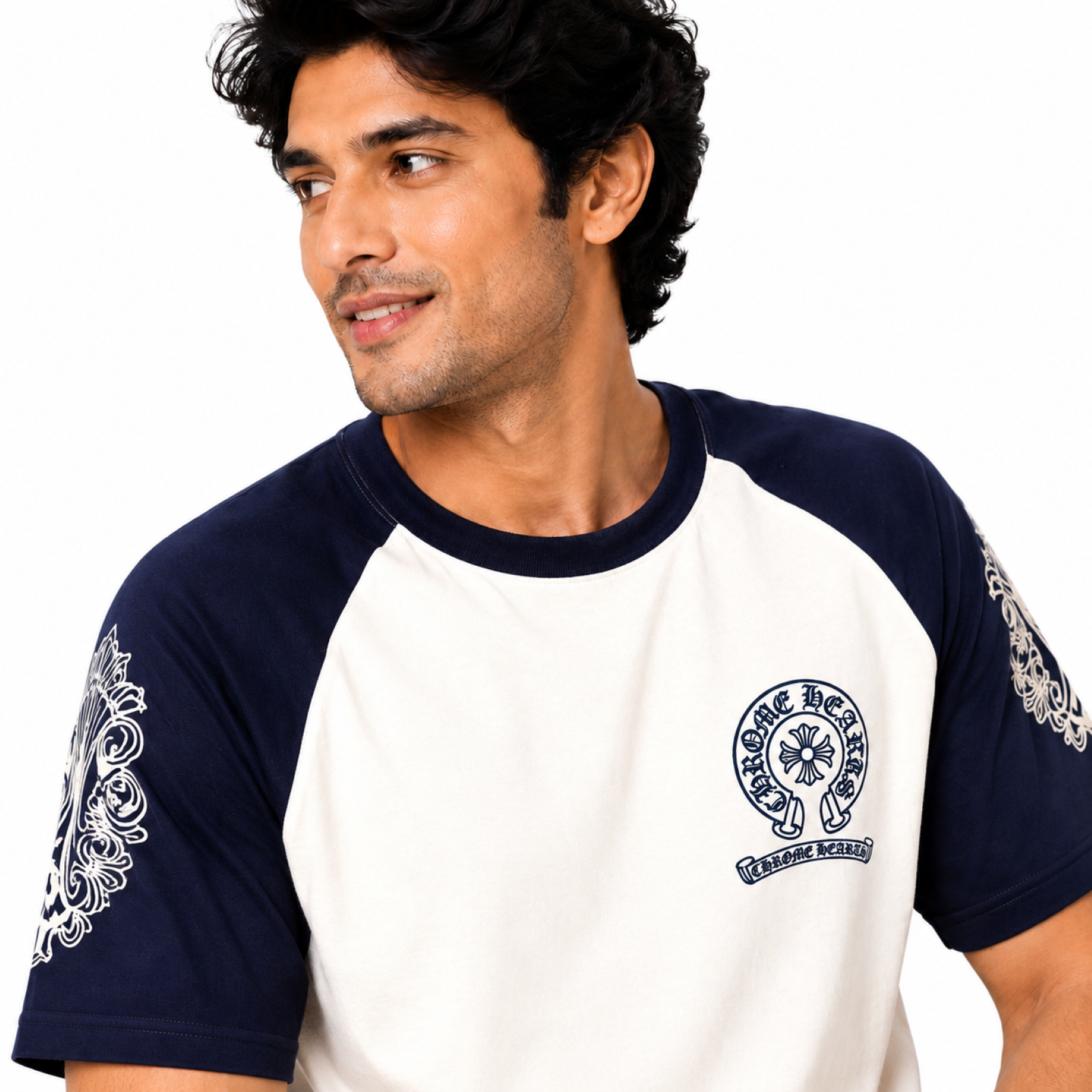 Men's Navy Blue Contrast Sleeve Graphic T-Shirt