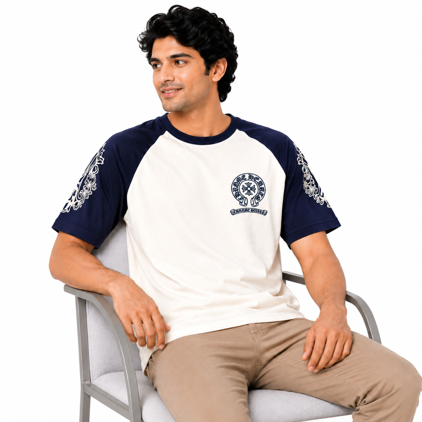 Men's Navy Blue Contrast Sleeve Graphic T-Shirt