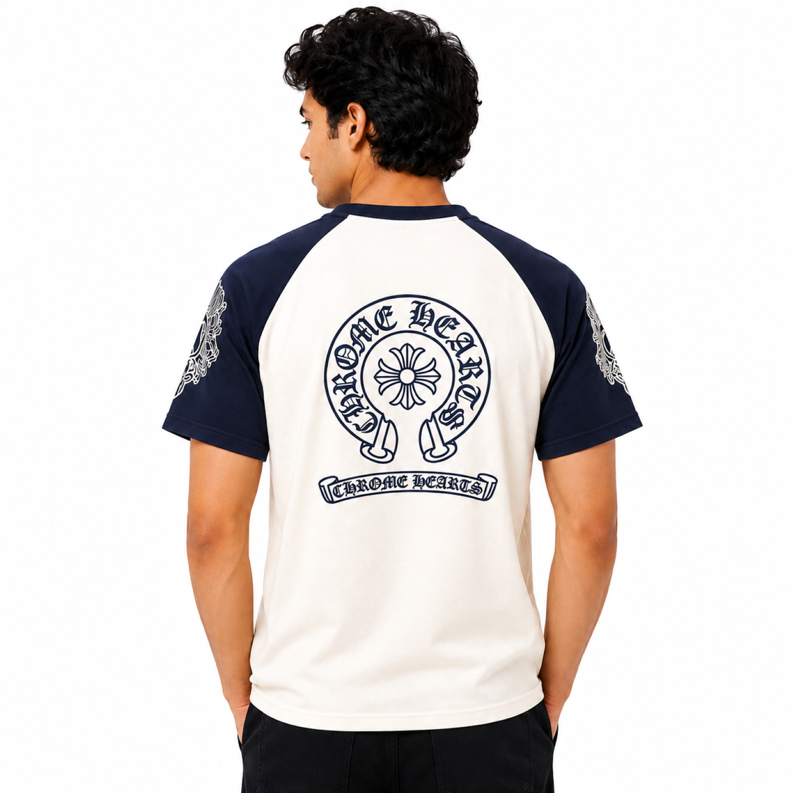 Men's Navy Blue Contrast Sleeve Graphic T-Shirt