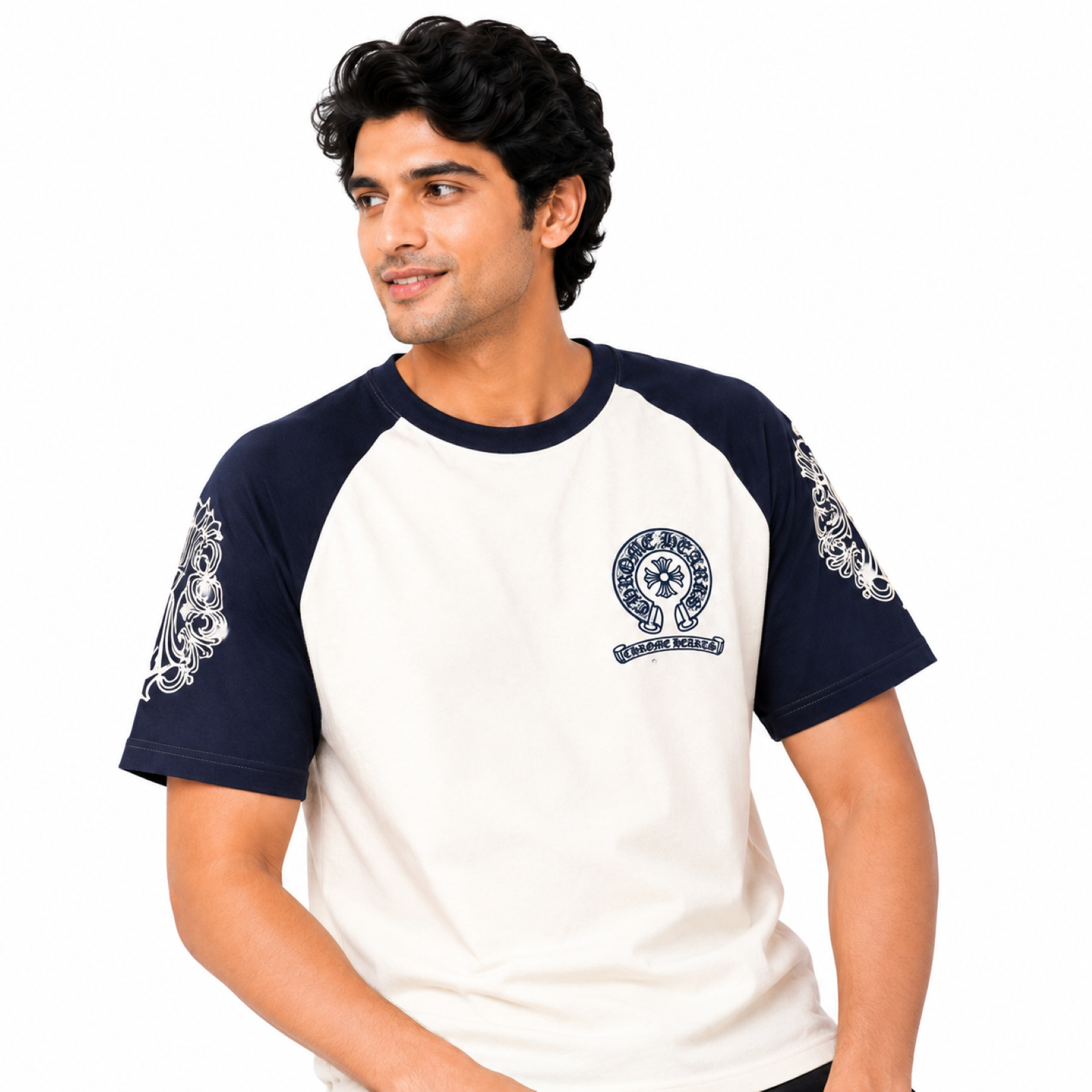 Men's Navy Blue Contrast Sleeve Graphic T-Shirt