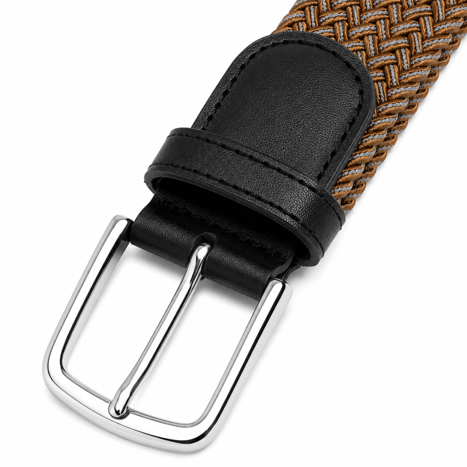 Unisex Luxury Braided Elastic Mustard Belt with Polished Silver Buckle and Black Leather Accents