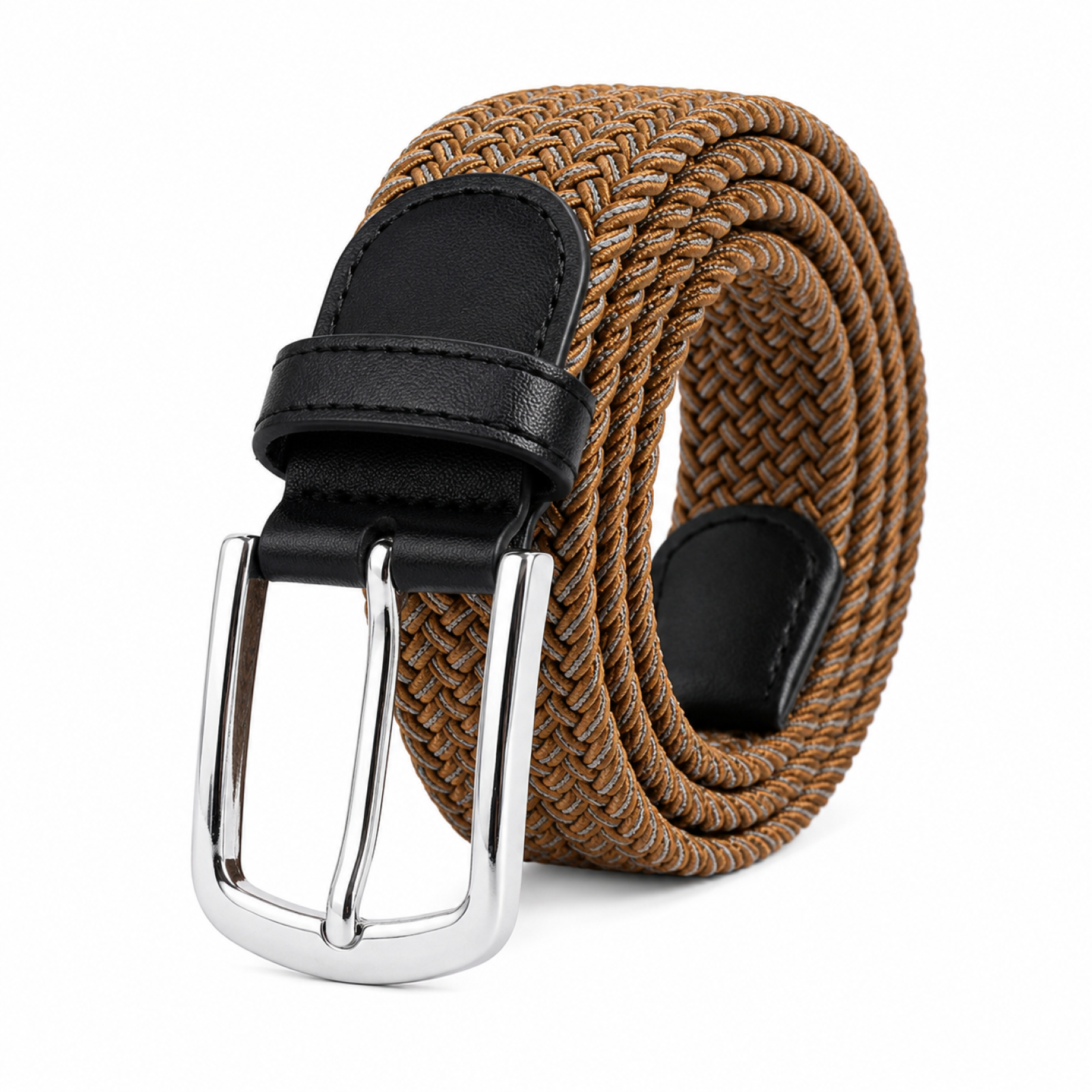 Unisex Luxury Braided Elastic Mustard Belt with Polished Silver Buckle and Black Leather Accents