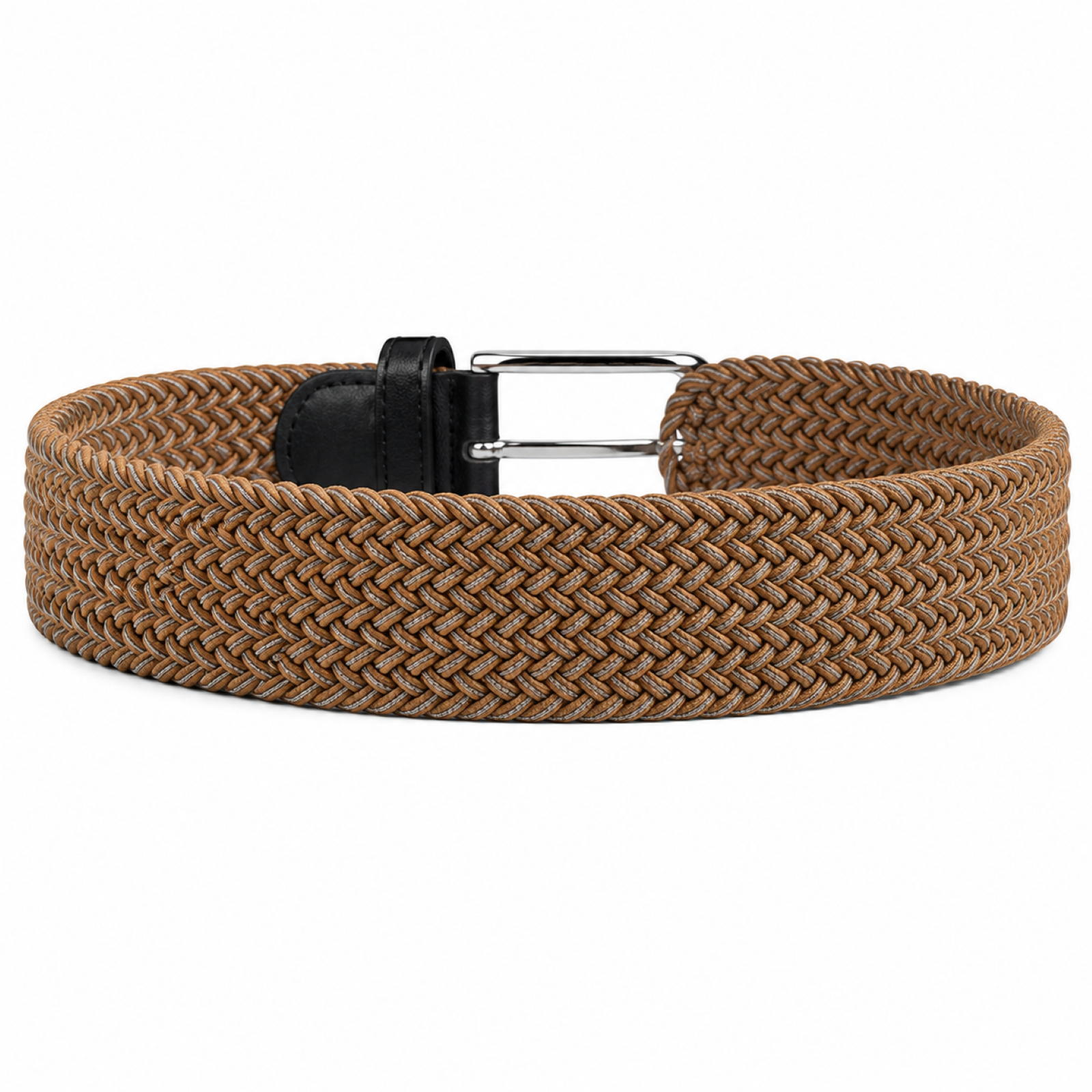 Unisex Luxury Braided Elastic Mustard Belt with Polished Silver Buckle and Black Leather Accents