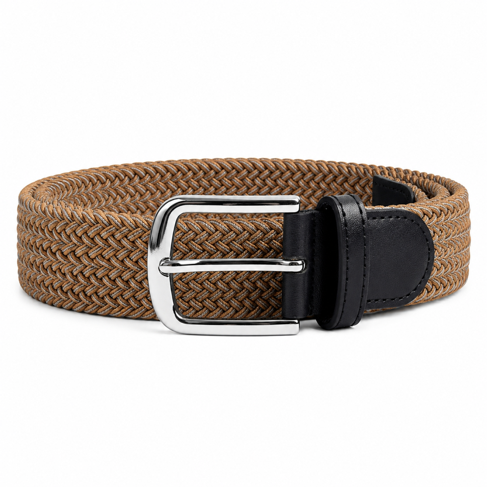 Unisex Luxury Braided Elastic Mustard Belt with Polished Silver Buckle and Black Leather Accents