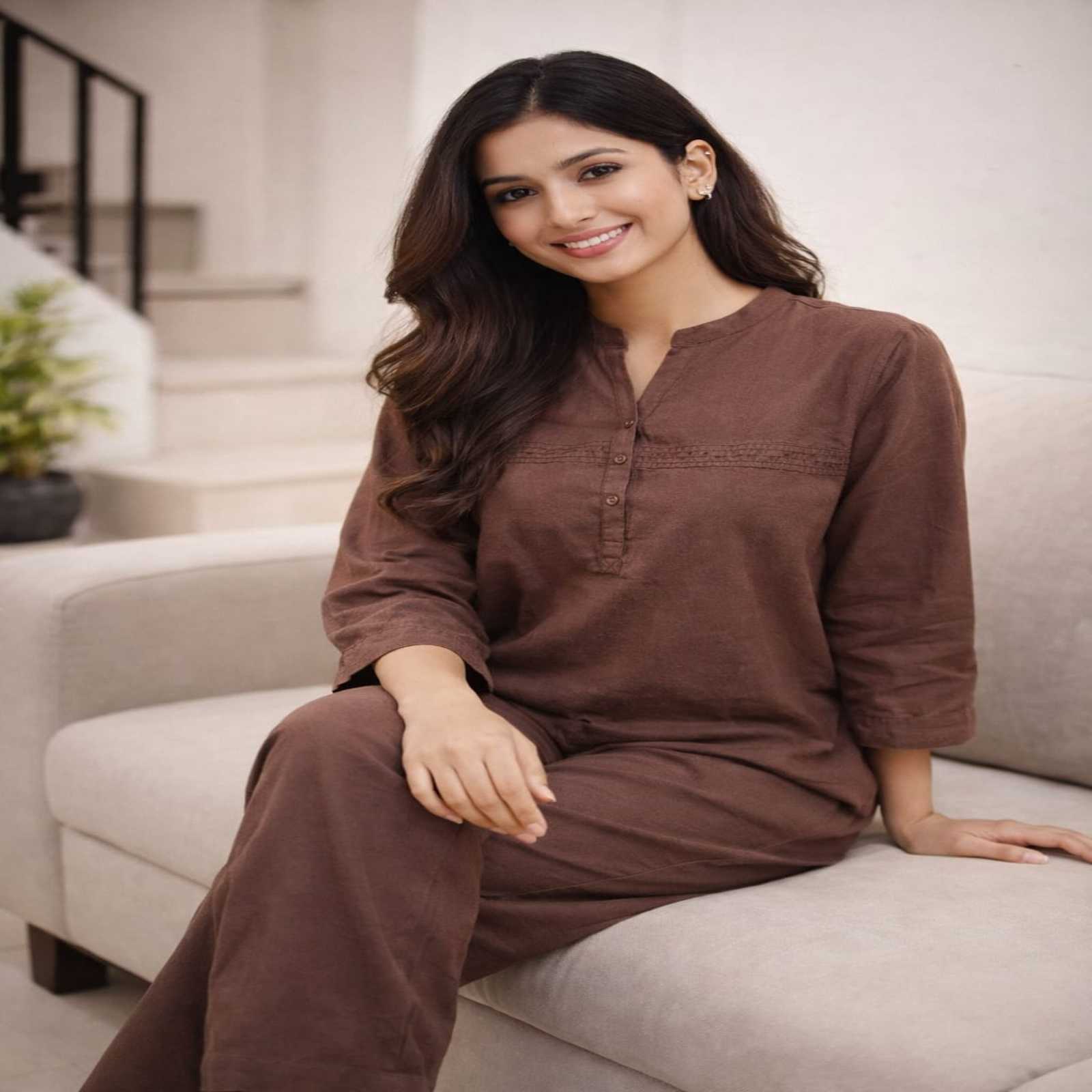Women's Solid Brown Cotton Co-Ord Set