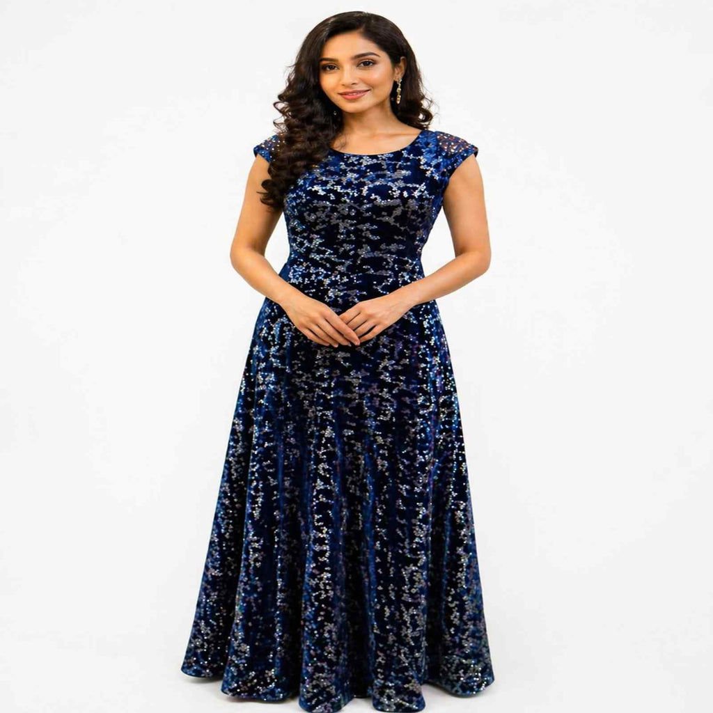 Elegant Navy Blue Velvet Evening Gown