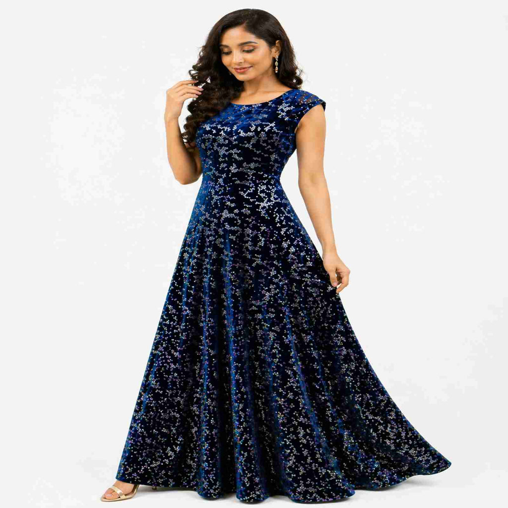 Elegant Navy Blue Velvet Evening Gown