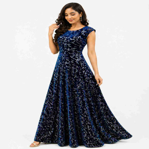 Elegant Navy Blue Velvet Evening Gown