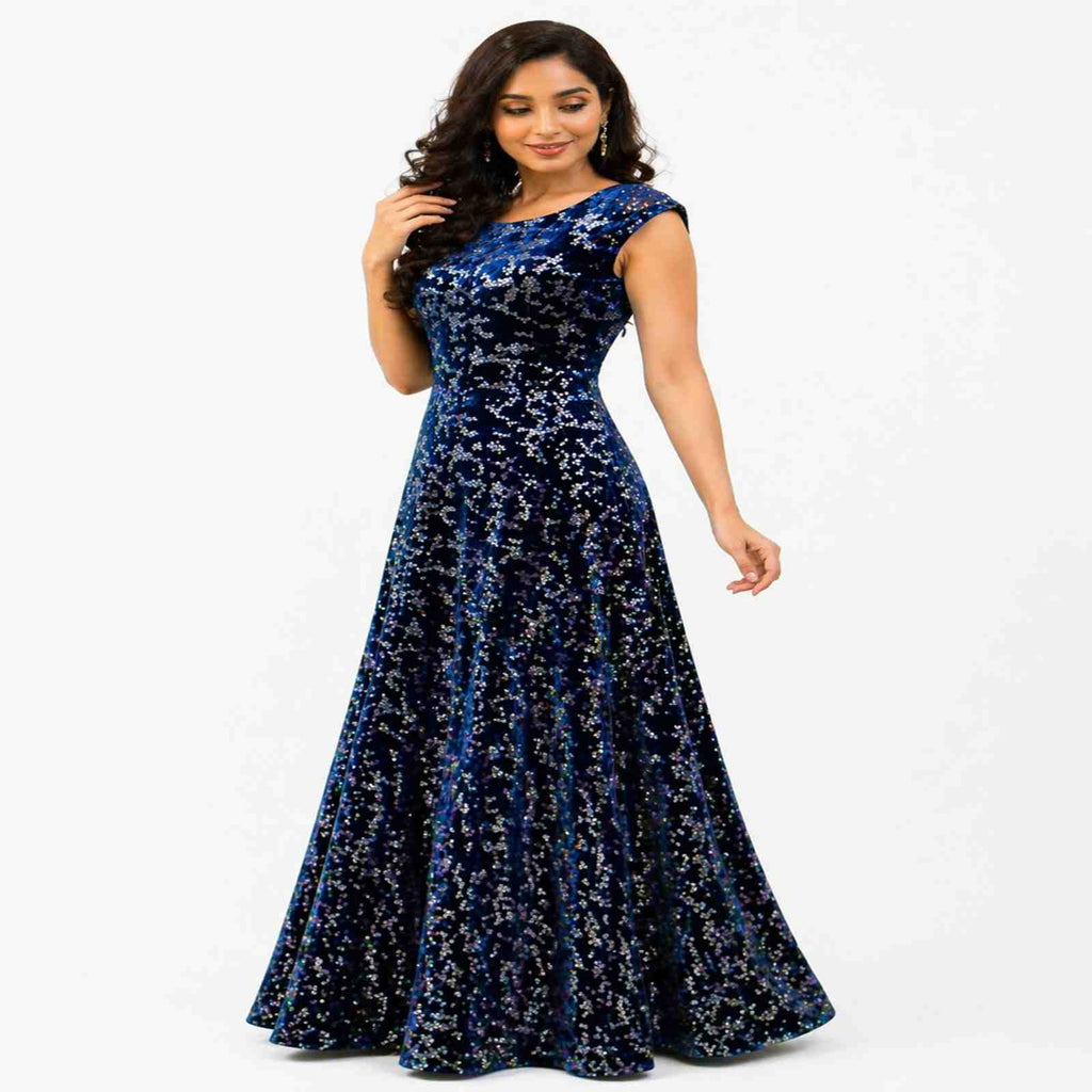 Elegant Navy Blue Velvet Evening Gown