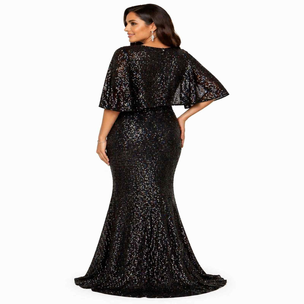 Midnight Sparkle Cape Sleeve Evening Gown
