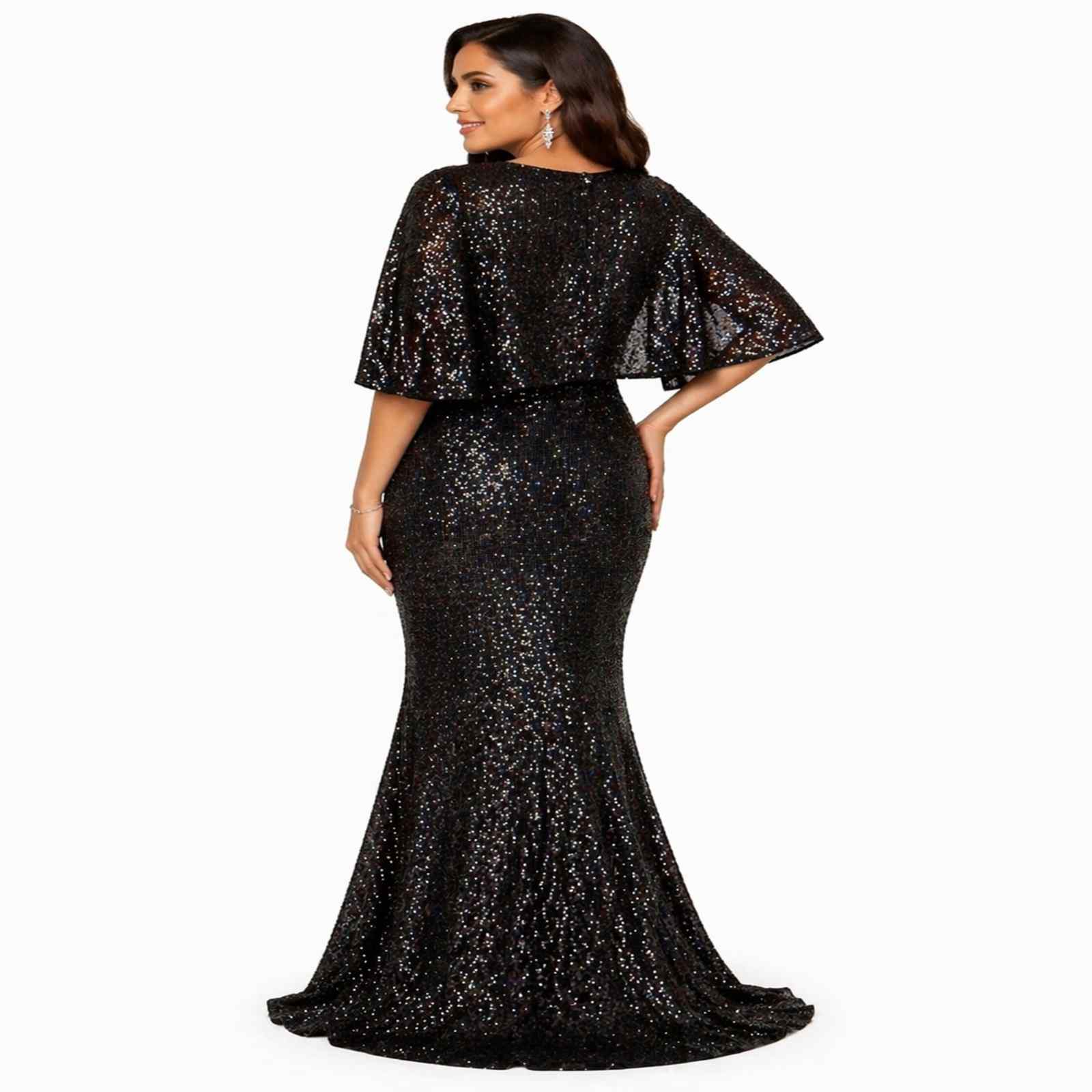 Midnight Sparkle Cape Sleeve Evening Gown